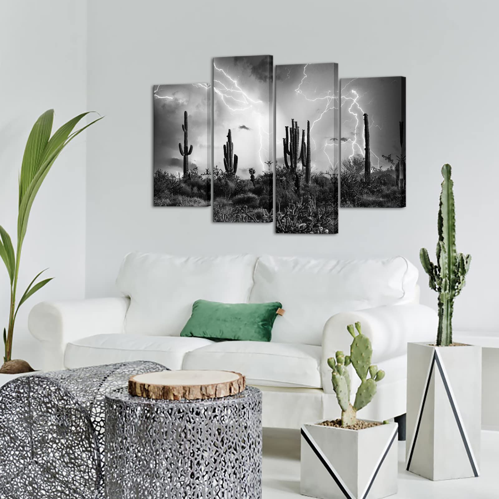 Nachic Wall 4 Paneele Schwarz und Weiß Landschaft Bild Saguaro Wüste in Beleuchtung Sturm Fotos Druck auf Leinwand Moderne amerikanische Arizona Landschaft Gemälde Gerahmt für Zuhause Haus Wohnzimmer