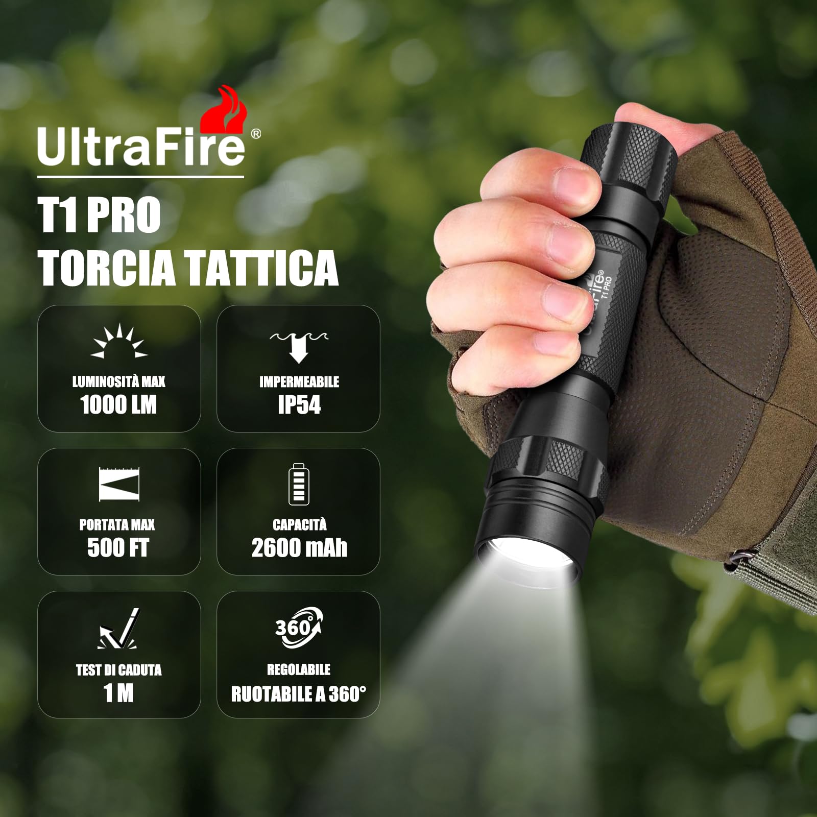 ULTRAFIRE Torcia tattica a LED con custodia da cintura, piccola torcia da 1000 lumen, modalità unica, con supporto per torcia da cintura da lavoro, torcia della polizia per forze dell'ordine