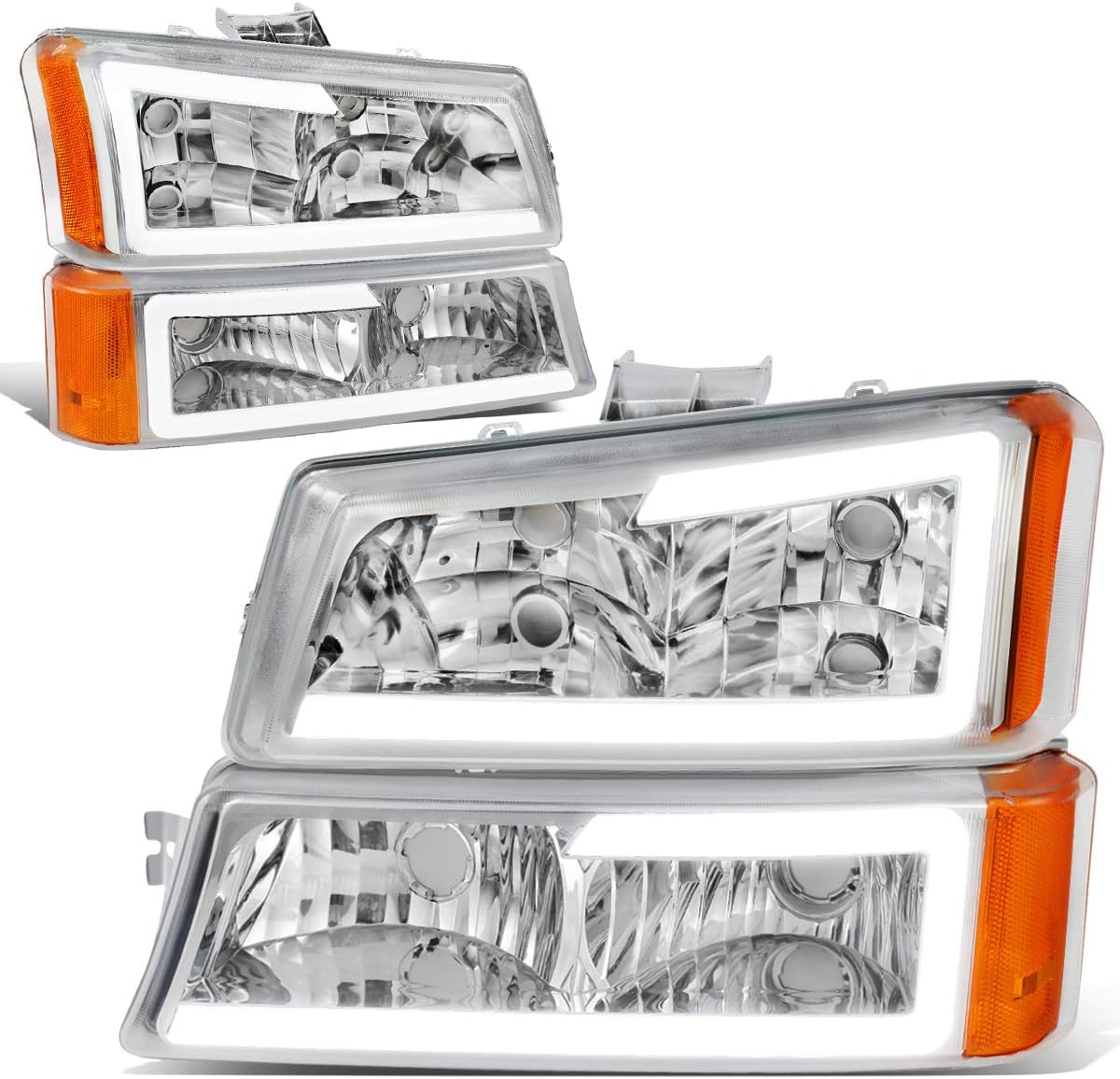 Chrome Dual 3D UHalo Headlight LED DRL Amber Signal for 0307 Chevy Silverado Car & Truck