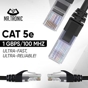 Mr. Tronic Blue Cat 5E Ethernet Cable 5m, High Speed LAN Ethernet Network Cable with RJ45 Ends Connectors, 5m Cat5E Internet 1 Gbps, ADSL AWG24 Patch, UTP CCA (5 Meters, Black)