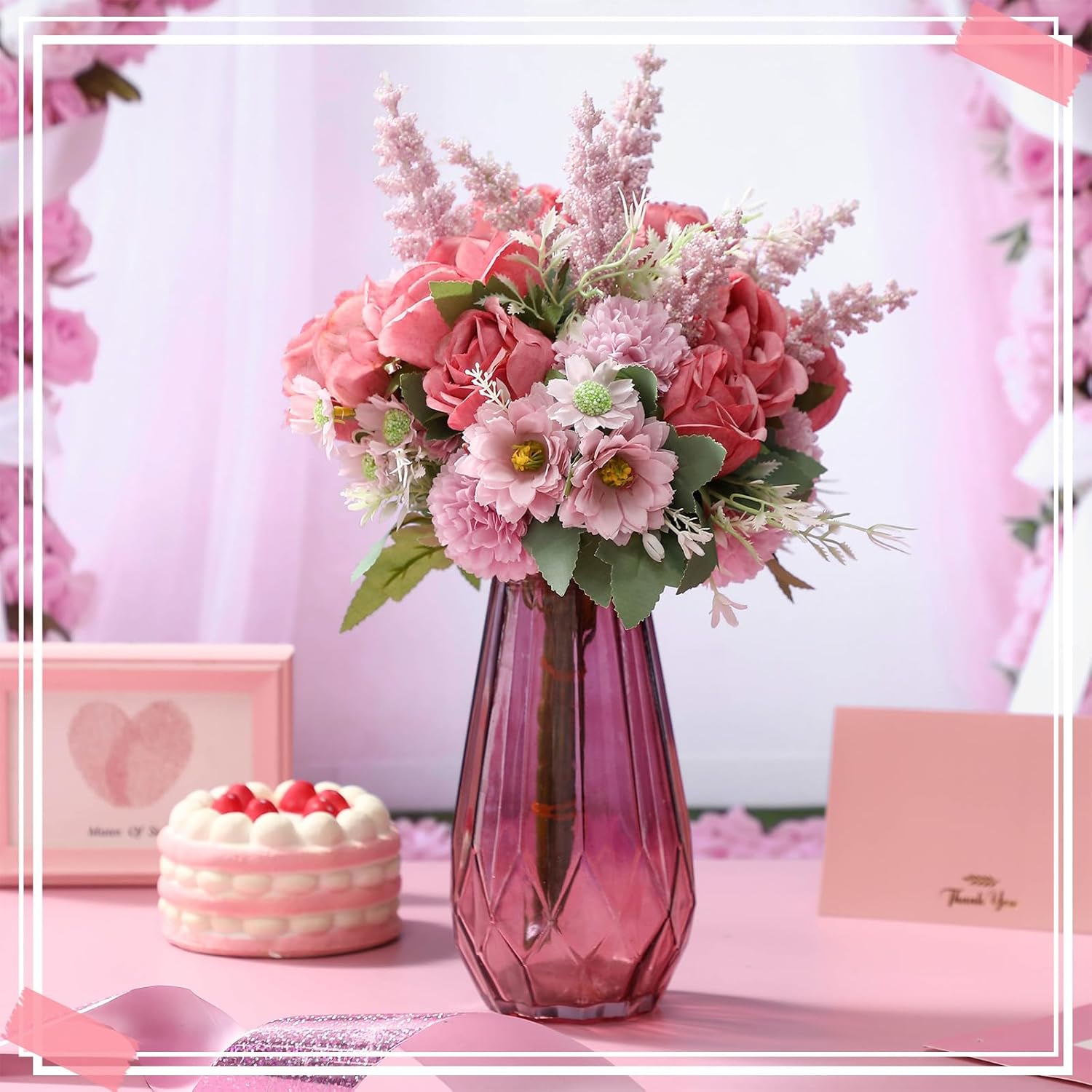 Zeyune 8 Pcs 13.4 Inch Artificial Flowers Bouquet Fake Silk Flowers Faux Bouquet Hydrangea Bouquets for Mother's Day Wedding Birthday Table Centerpieces Home Office Decoration(Bean Paste Pink,Rose)