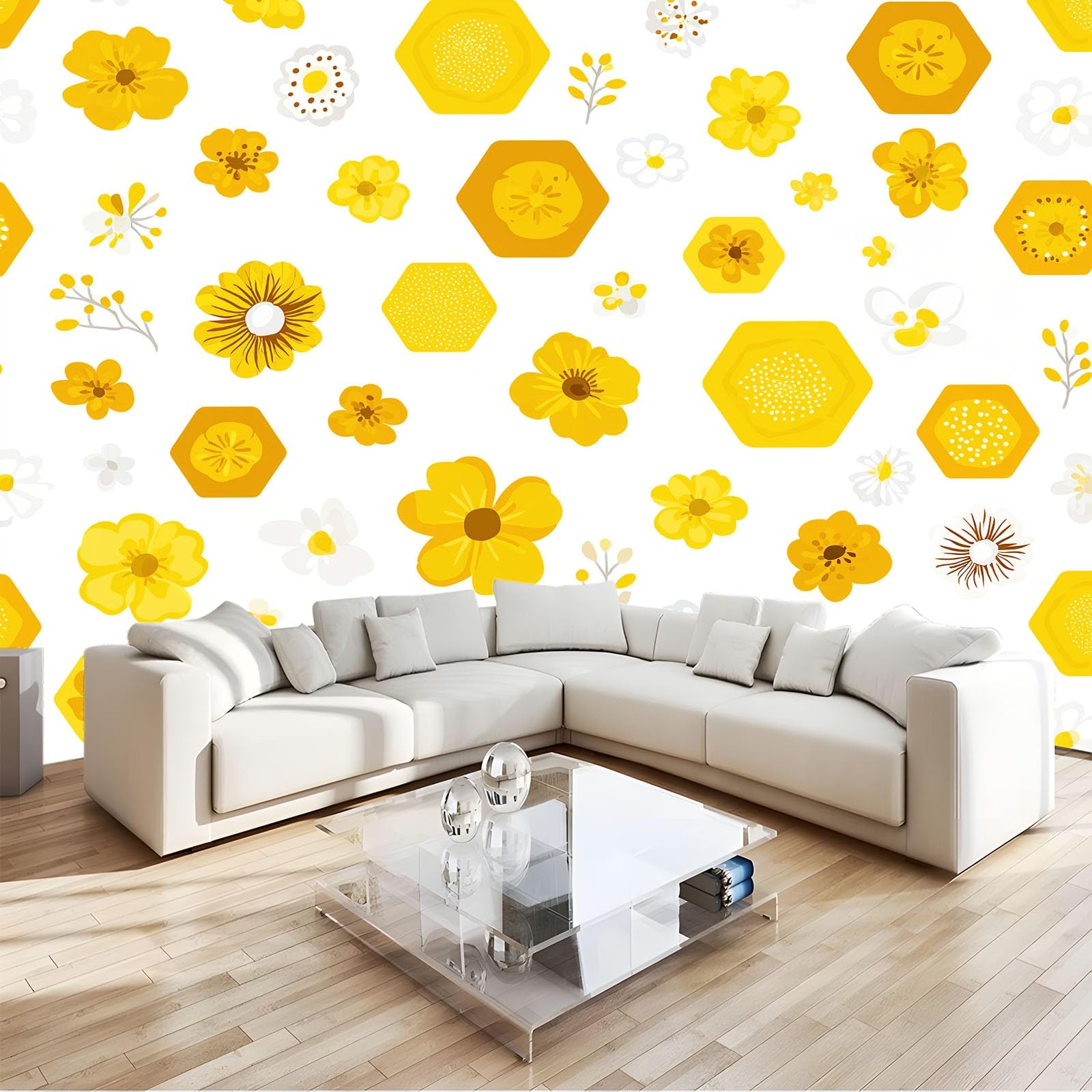 Générique Panoramiczna tapeta Cartoon Flowers Sześciokąty Liście trawy 350 x 256 cm Wysokiej jakości gobelin ścienny z włókniny - dekoracja ścienna, do pokoju dziecięcego i biura biała