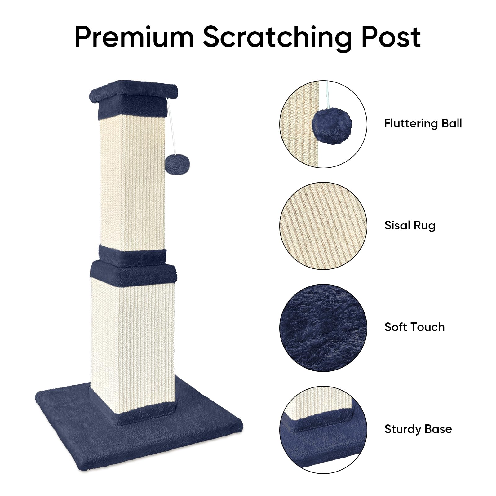 Columna rascador para gatos, 81 cm, tronco rascador de sisal y madera, poste rascador para gatos grandes y gatos de casa, base ancha estable, color azul