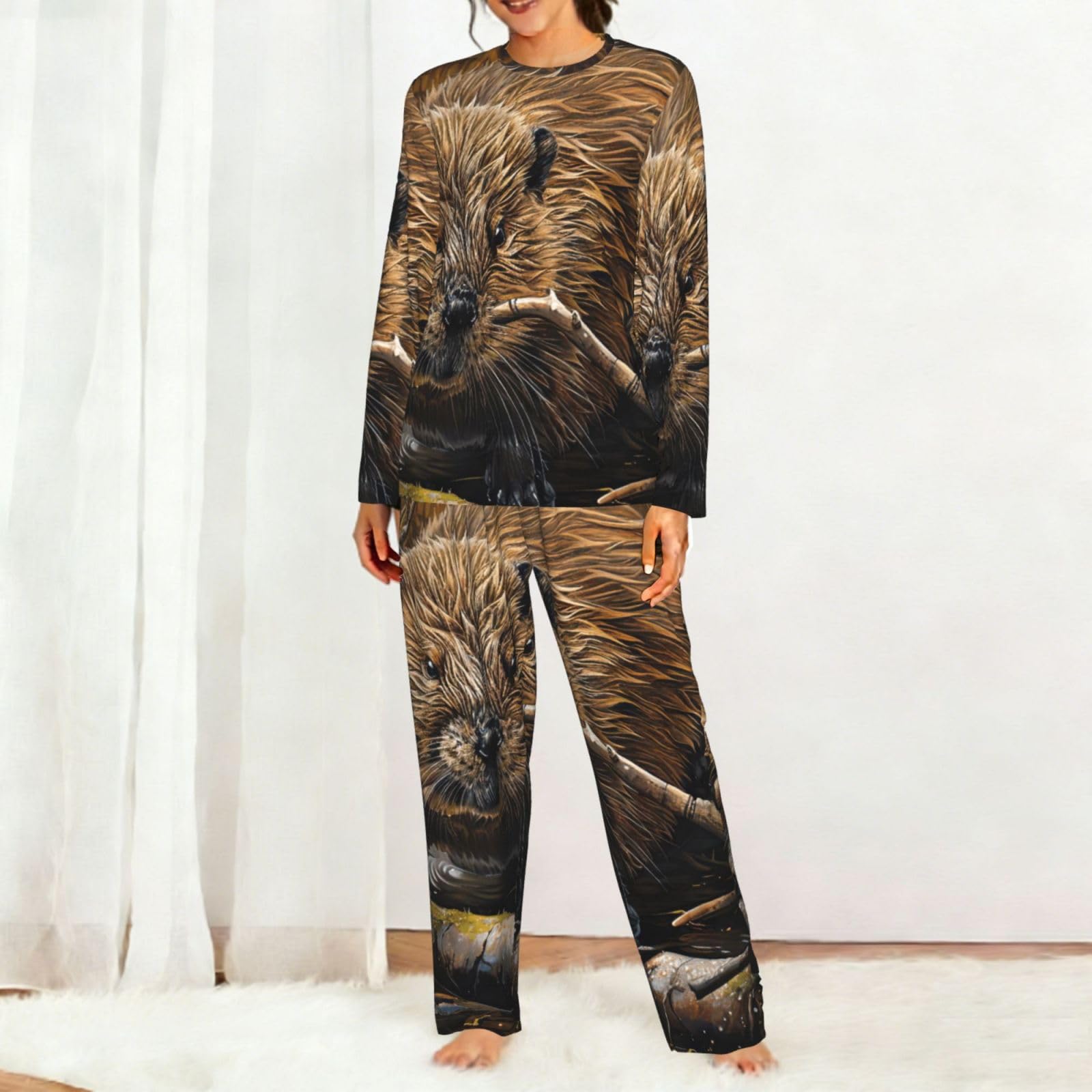 Beaver - Pigiama da donna a maniche lunghe con stampa di lavoro, morbido, per spiaggia, vacanze, abbigliamento da notte, regalo casual