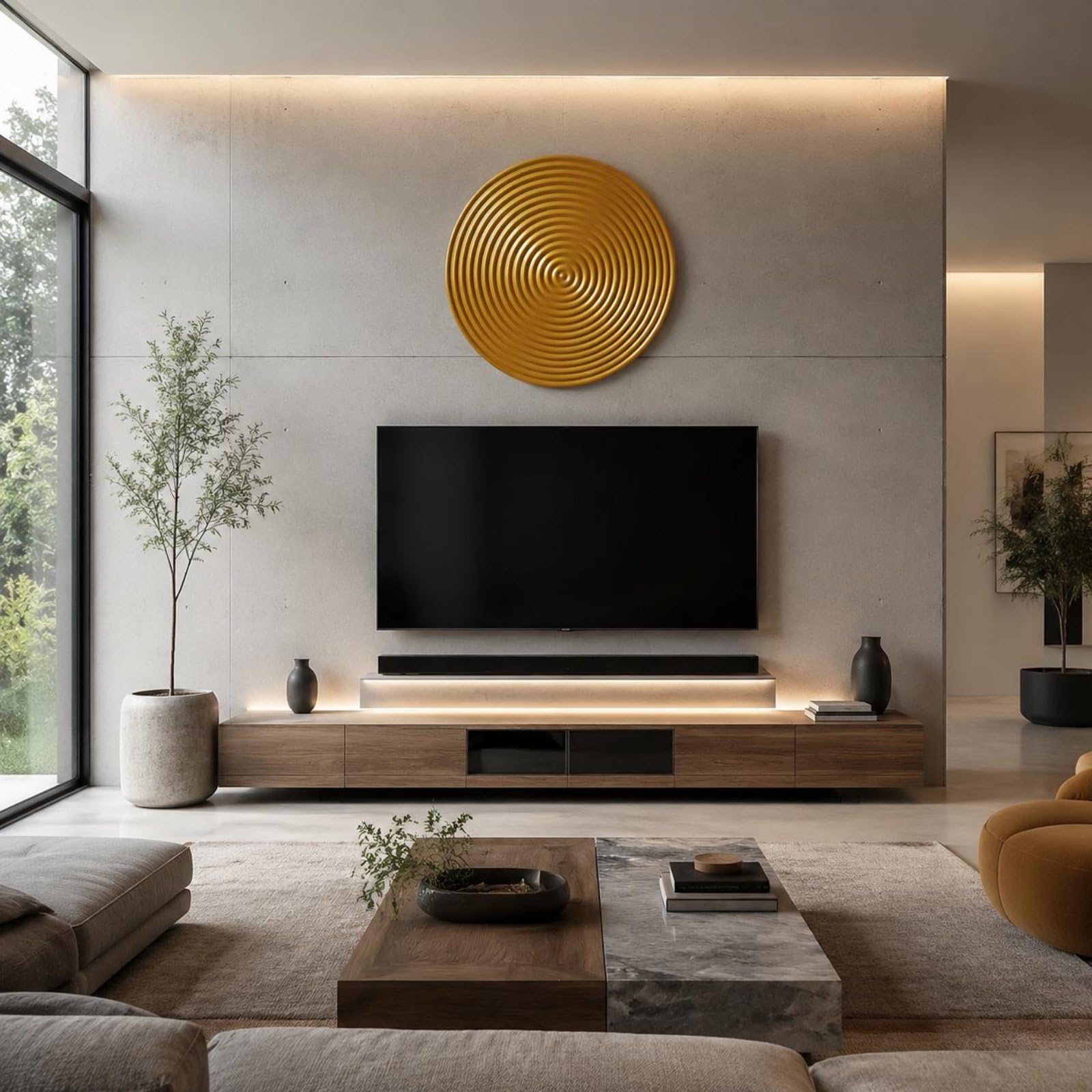 MotiveTech Wandteller Metall Wanddeko Wandplatte Wandrelief Wandkunst aus Eisen mit Kreisrippen Und Erhöhter Mitte in Schimmernder Oberfläche für Wohnzimmer Flur Eingang Büro, Gold