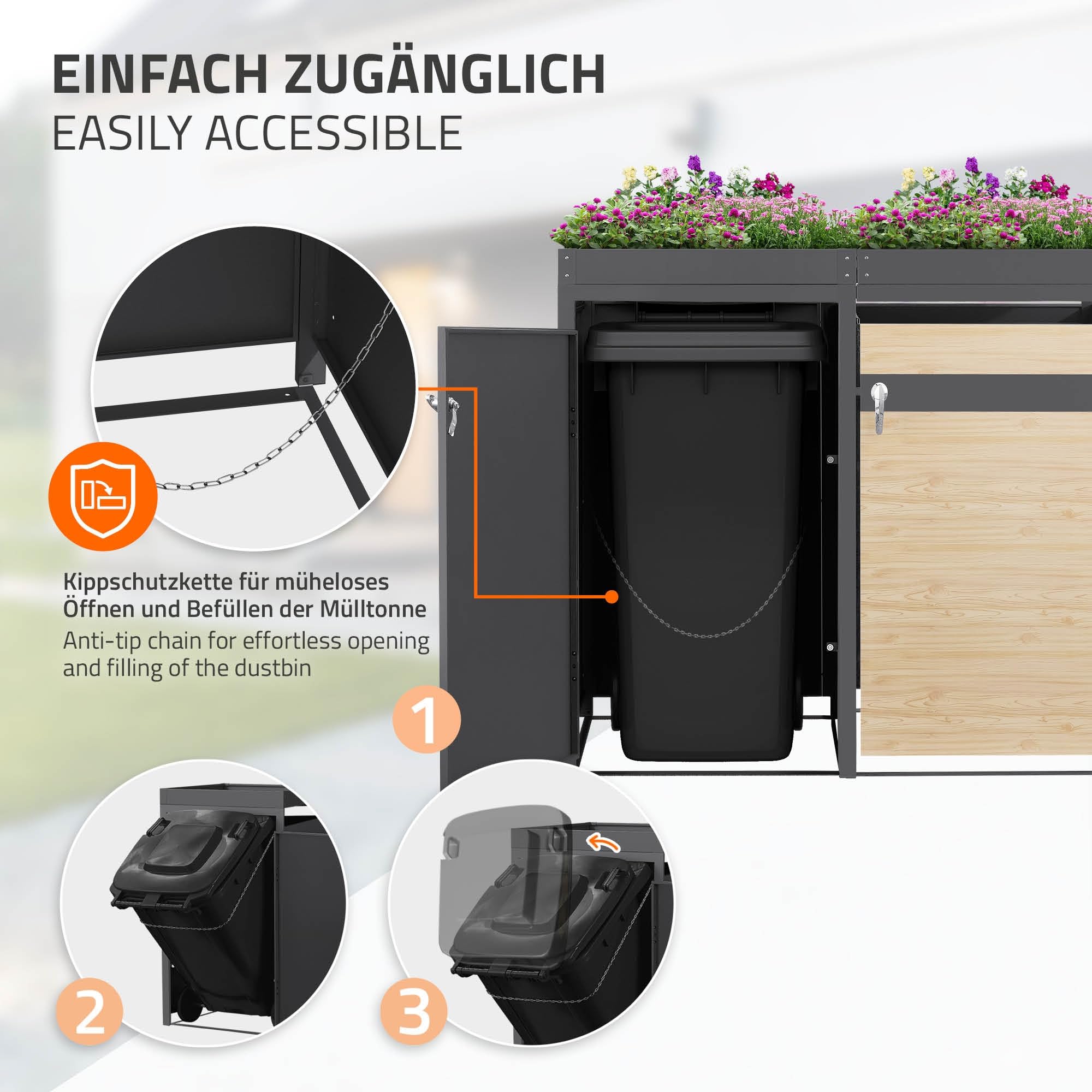 ML-Design Mülltonnenbox 3er 240L mit Pflanzdach, Mülltonnenverkleidung für 3 Mülltonnen, Müllbox wetterfest Mülltonnenhaus aus Stahl, Müllcontainer, abschließbare Tür 200x80x124 cm Anthrazit-Holzoptik