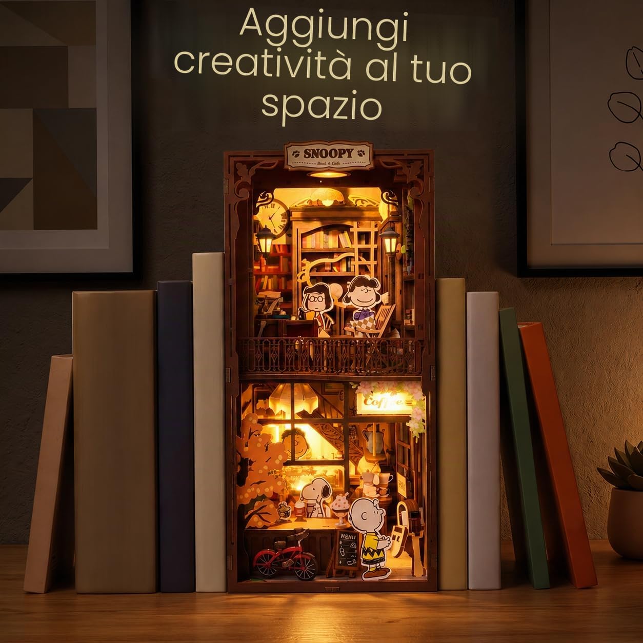 puremind Snoopy PEANUTS Book Nook, Puzzle 3D legno, mini caffè luminoso DIY