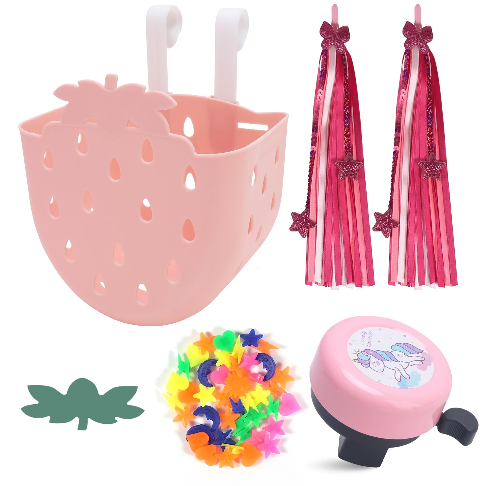 Oumers Kids Bike Basket Set, Children's Bicycle Bell Streamers Balance Bike Decoration Accessories with Wheel Spoke Beads Plastic Strawberry Bicycle Basket Bikes Bell