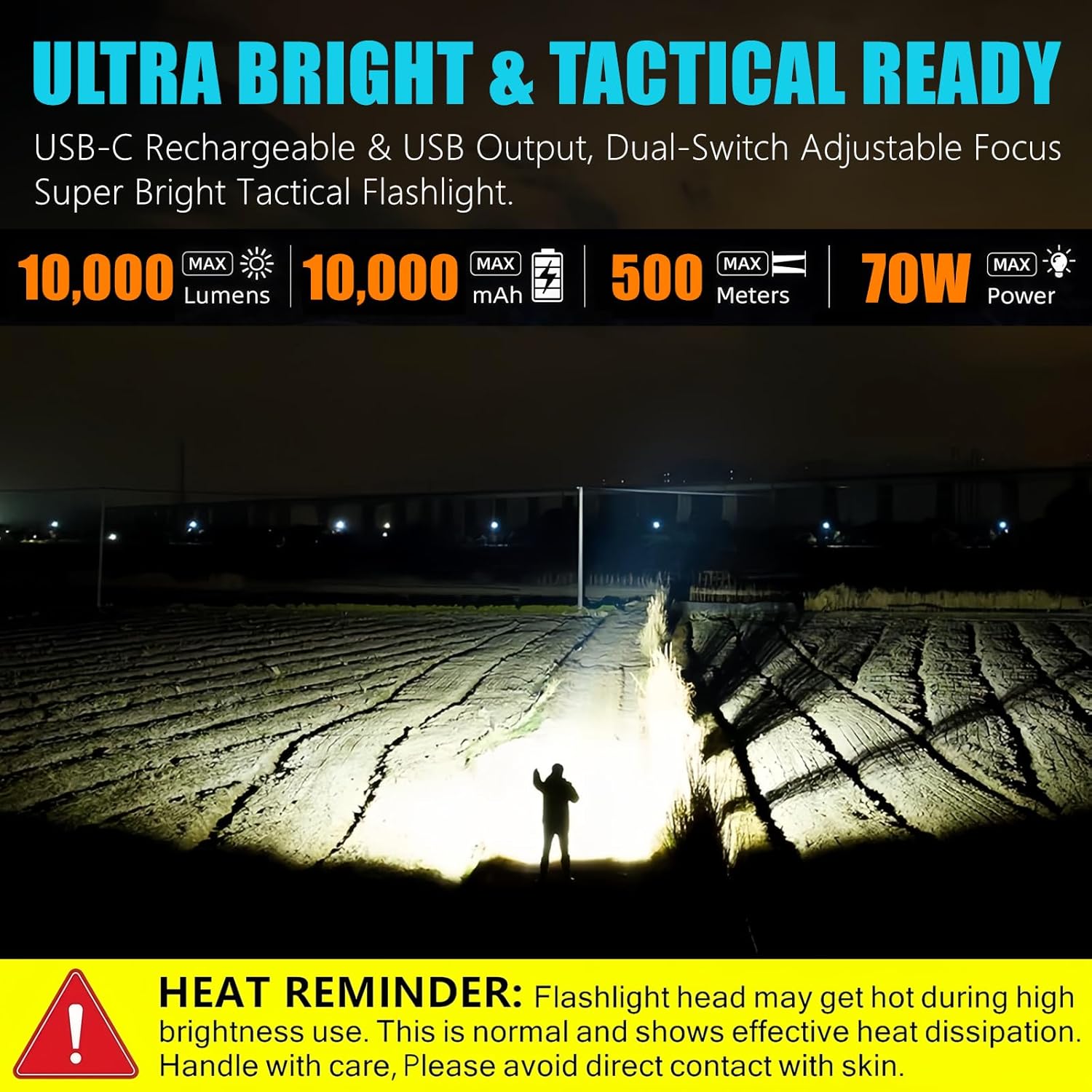 10,000 High Lumens Rechargeable LED Flashlights, 70W High Power XHP360 Wick Super Bright Zoomable Tactical Flashlight with USB Output, Dual Powerd Large Size Flash Light for Emergency Camping Hunting - Image 2