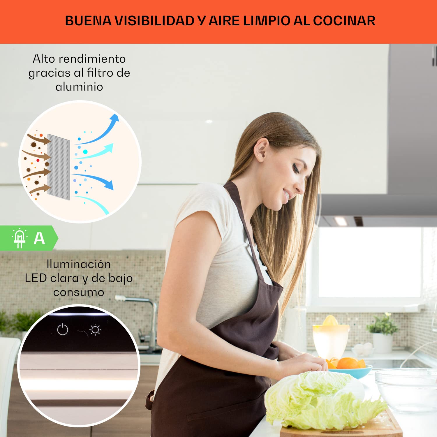 Klarstein Campana Extractora Pared para Cocina, Extractor Cocina con Filtro Aluminio Anti Grasa, Apto Lavavajillas, Flujo de Aire 577m³/h, Campanas Extractoras Techo con Luces LED y Panel Táctil
