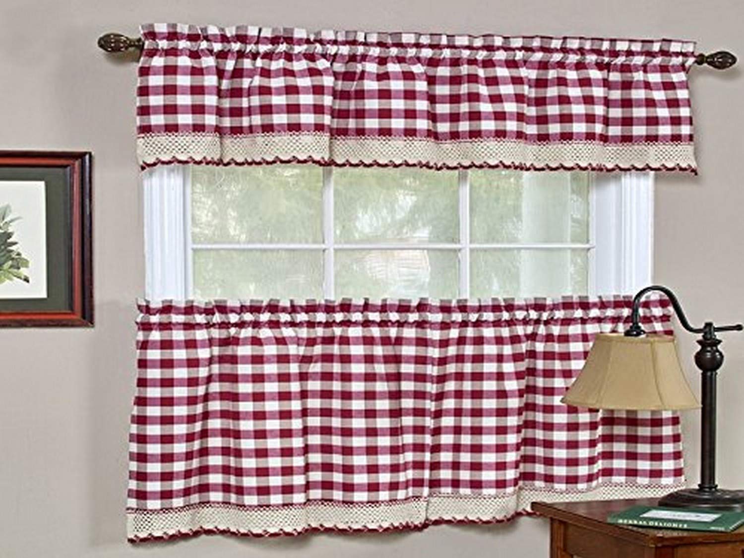 Sweet Home Collection Buffalo Check Gingham Kitchen Window Curtains Valance Set, 24" Tier, Burgundy