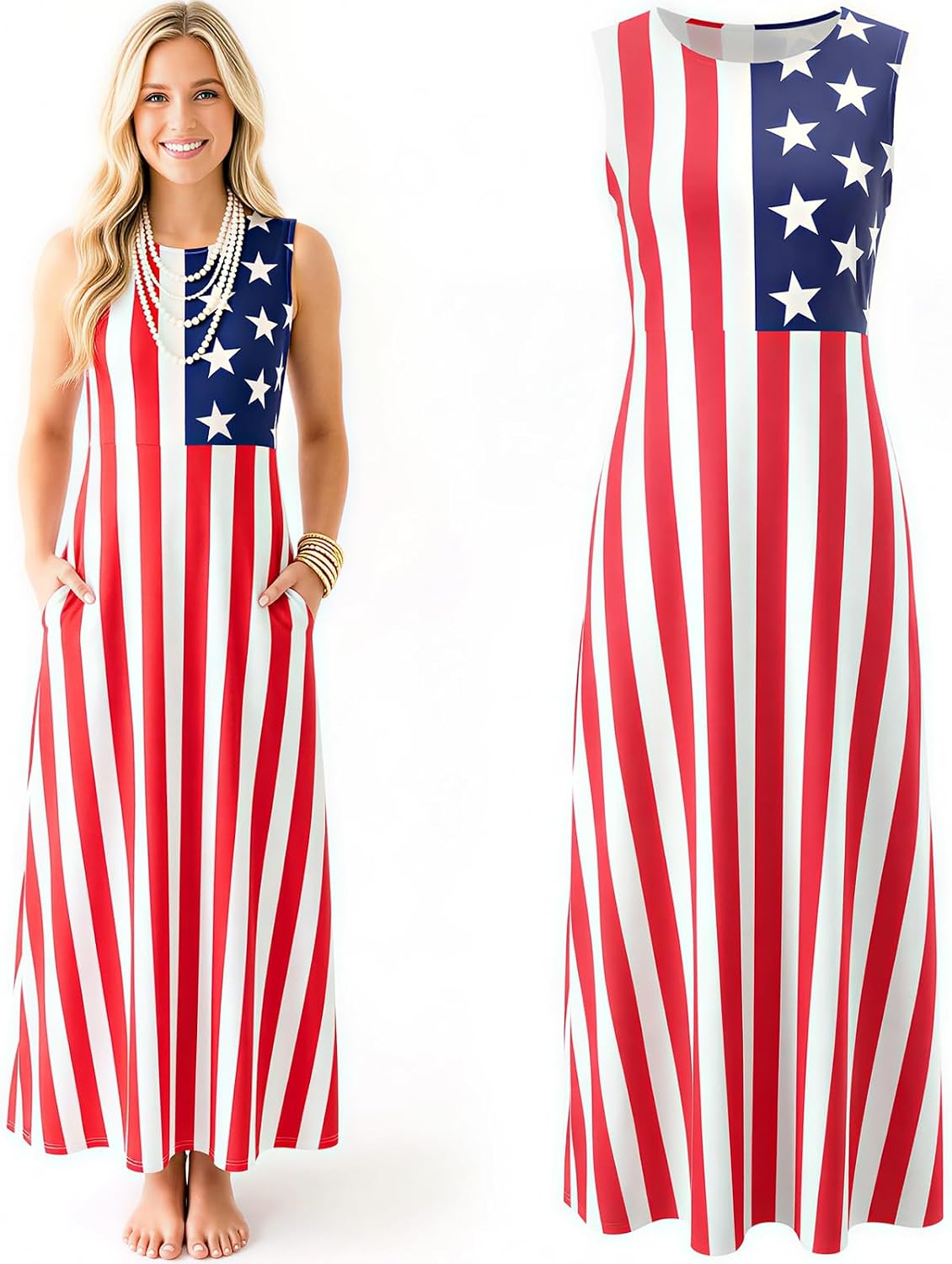 American Flag Dress Women 4th of July Maxi Dress Sleeveless Patriotic Summer Sundress Pocket Casual Breathable Long