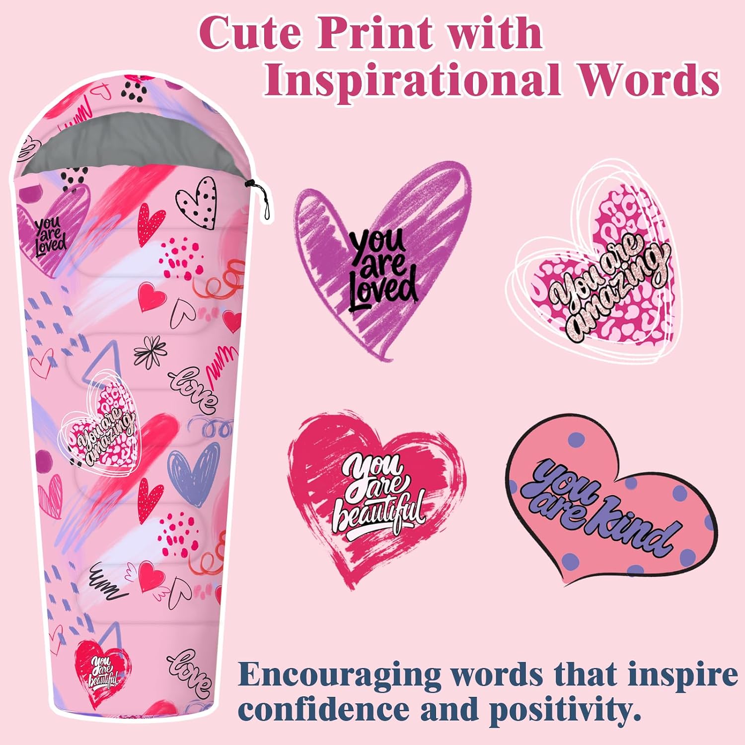 Kids Sleeping Bag for Girls, 3 Season Sleeping Bag with Backpacking Bag, Warm & Cool Weather, Portable for Travel, Sleepovers, Indoor & Outdoor Camping, Machine Washable