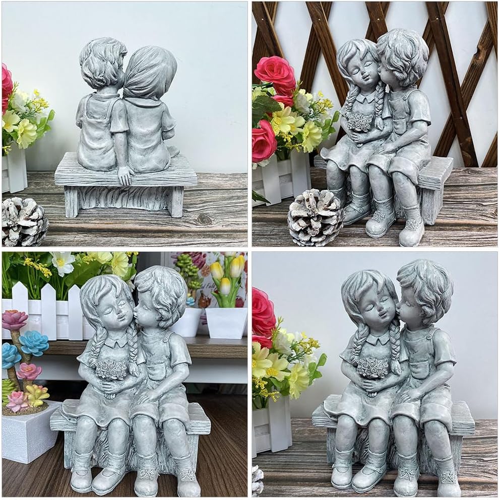 Boy Kissing Girl Statue Sitting on Bench Figurine, Puppy Love Kissing Couple Durable Home Ornament for Lover Birthday Present Art Collection Outdoor Lawn Yard Patio