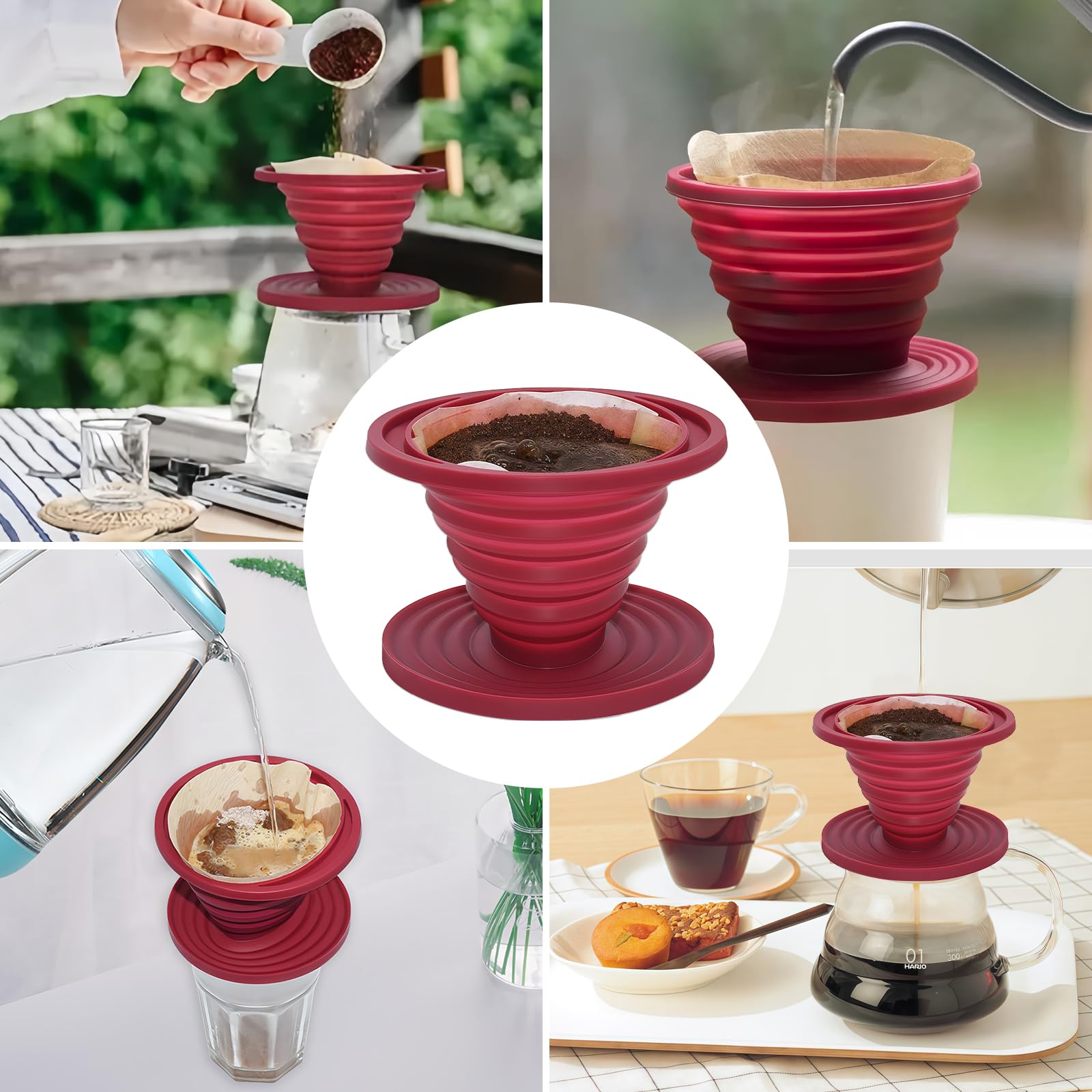 Porte Filtre Café Silicone Pliable Porte Filtre à Café Pliable En Silicone – Inclut 40 Filtres Papier Forme V – Réutilisable, Parfait Voyage, Bureau, Maison Dripper Café Portable Maison Bureau