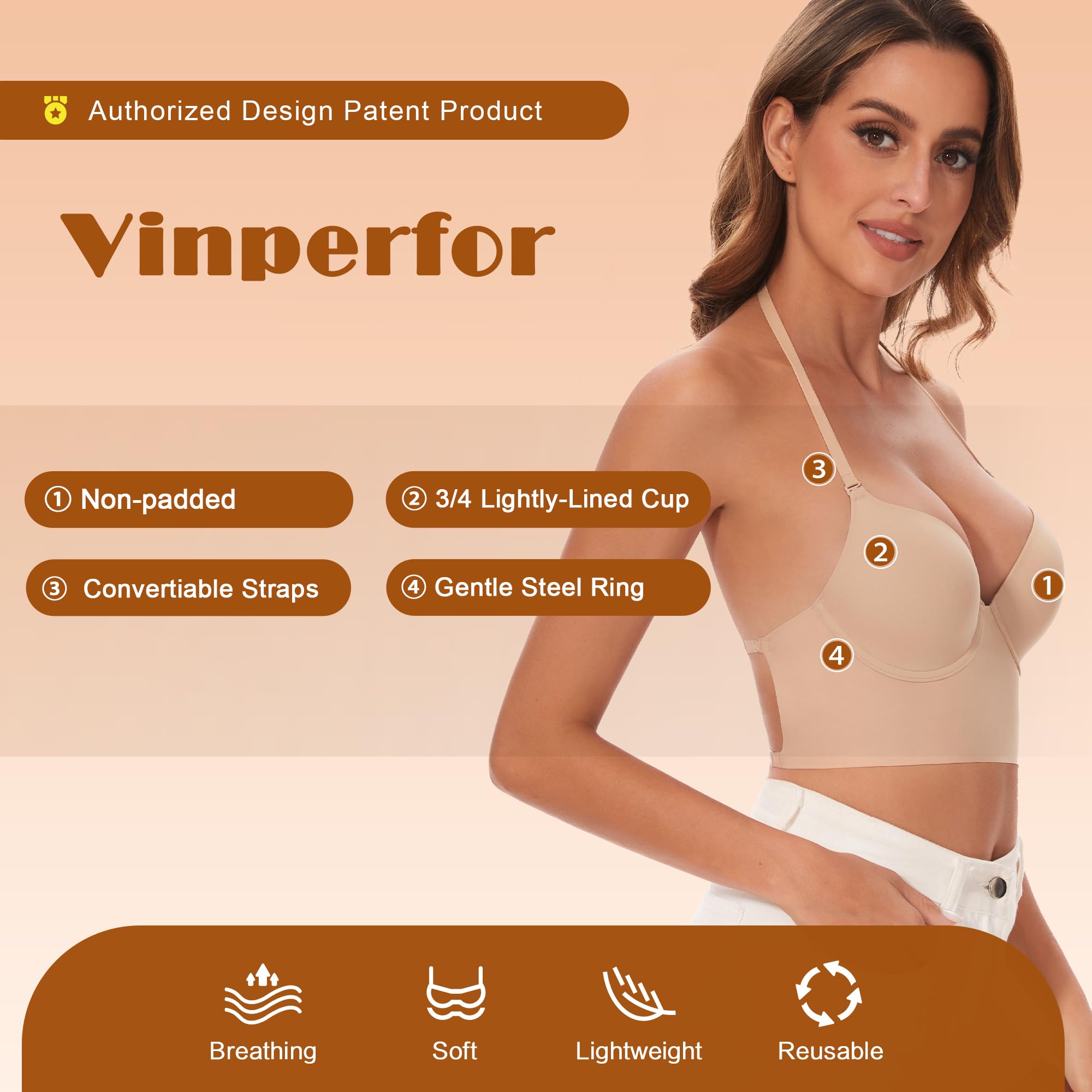 Sujetador de espalda baja para mujer, sin costuras, con espalda en forma de U y aros, sujetadores de cuello halter, Multiway con tirantes convertibles