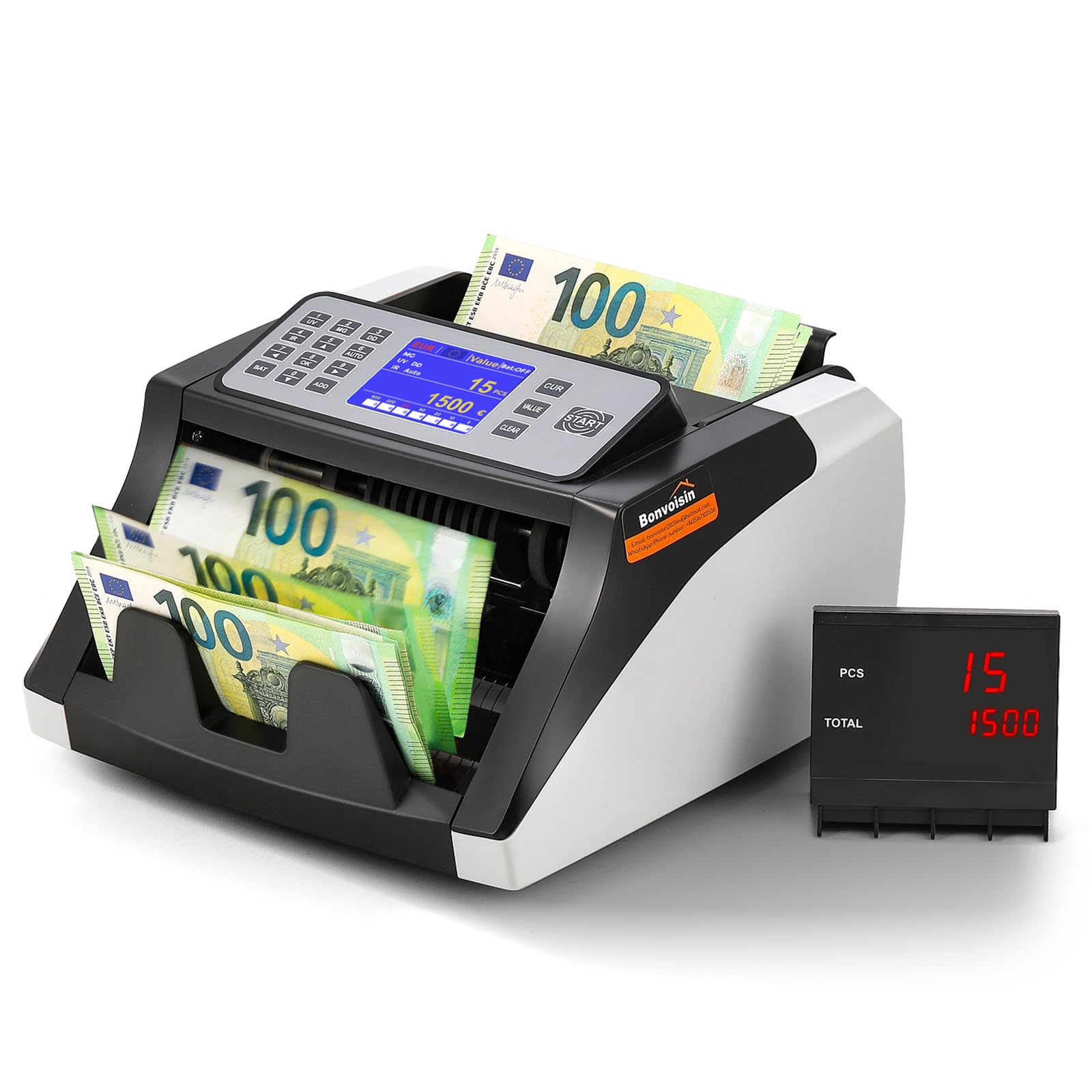 Bonvoisin Contadora de Billetes, Contador de Dinero que Cuenta el Valor de los Billetes Clasificados, con Detección de Billetes Falsos UV/MG/IR/DD, 1000 piezas/min (No cuenta montos mixtos)