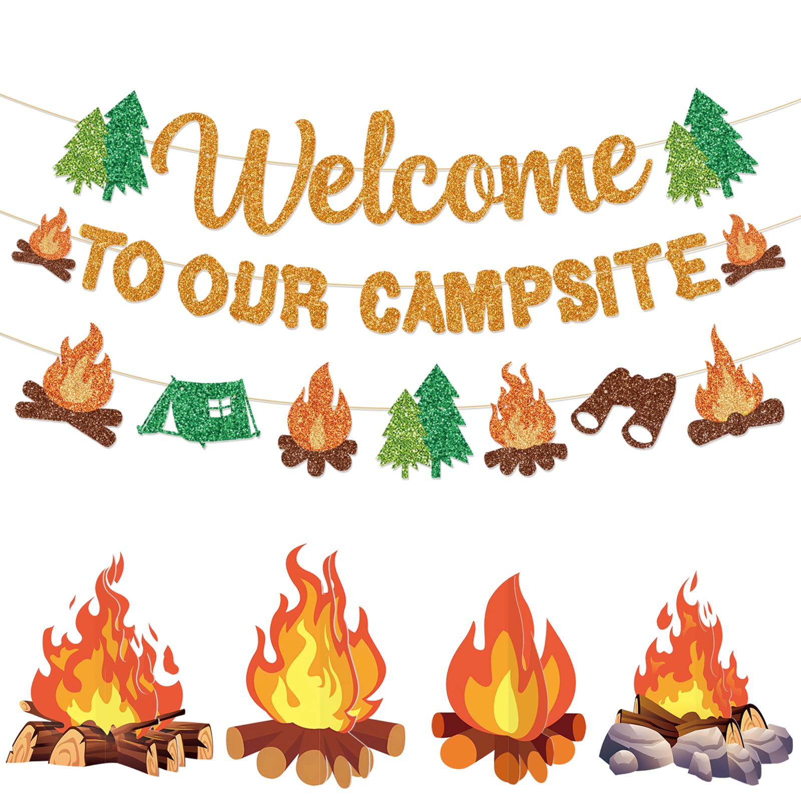 Camping Party Decorations for Classroom, Welcome to Our Campsite Banner with Garland 3D Campfire Centerpiece, Camping Themed Party Decorations, Gold
