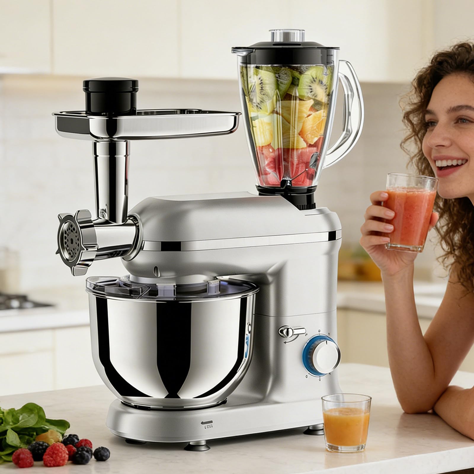 Mikser Stojący 5 W 1 Z Misą Ze Stali Nierdzewnej O Pojemności 5,5 L, Moc 1900 W, 6 Prędkości, Uchylna Głowica, Maszynka Do Mięsa I Blender Do Soków, Do Domowego Pieczenia I Gotowania