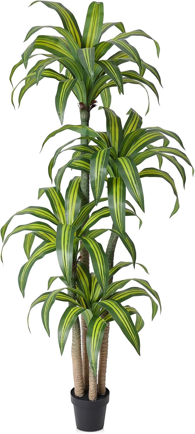 Artificial Dracaena Tree 7FT – Faux Yucca Floor Plant with Silk Leaves & Natural Trunk – Cement-Weighted Pot for Indoor Decor, Office, Living Room, Porch, Entryway, VN225