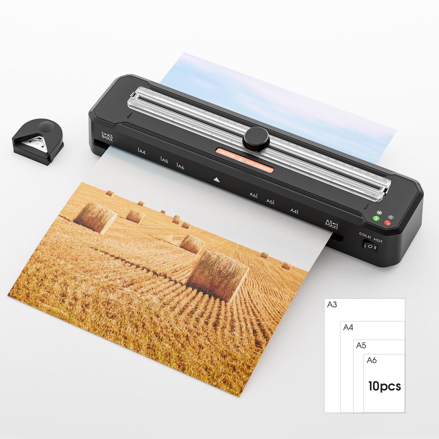 Crenova Plastificadora A4 con Guillotina, Modo Frío y Caliente, Laminadora con 10 fundas de plastificación, Ideal para Colegio Oficina Estudio Fotográfico, Negro (A3+10pcs+Guillotina)