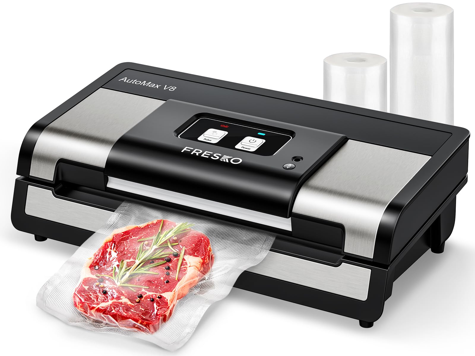 FRESKO Fully Automatic Vacuum Sealer Machine, 140 Watts, Hands-Free Food Sealer with Smart Bag, Dry/Moist Food Detection, 2 Rolls Bag, Built-in Cutter and Bag Storage (AutoMax V8)