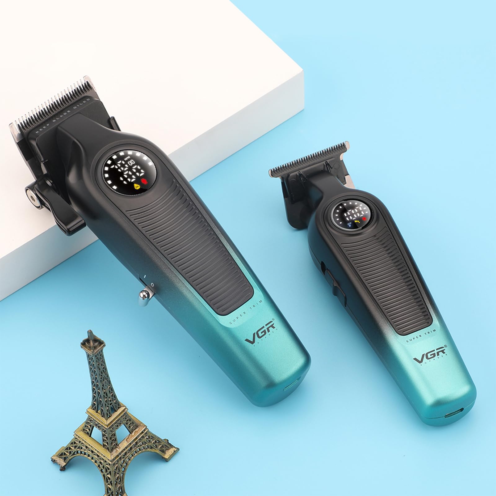 VGR 196 & 996 Set de Maquina Cortar Pelo Profesional, Kit de Maquina, Verde | Cortar Pelo Hombre Inalámbrico con Cuchillas de Cerámica Recubiertas de Titanio, Pantalla LED, 10 Peine Guías y 1 Peine