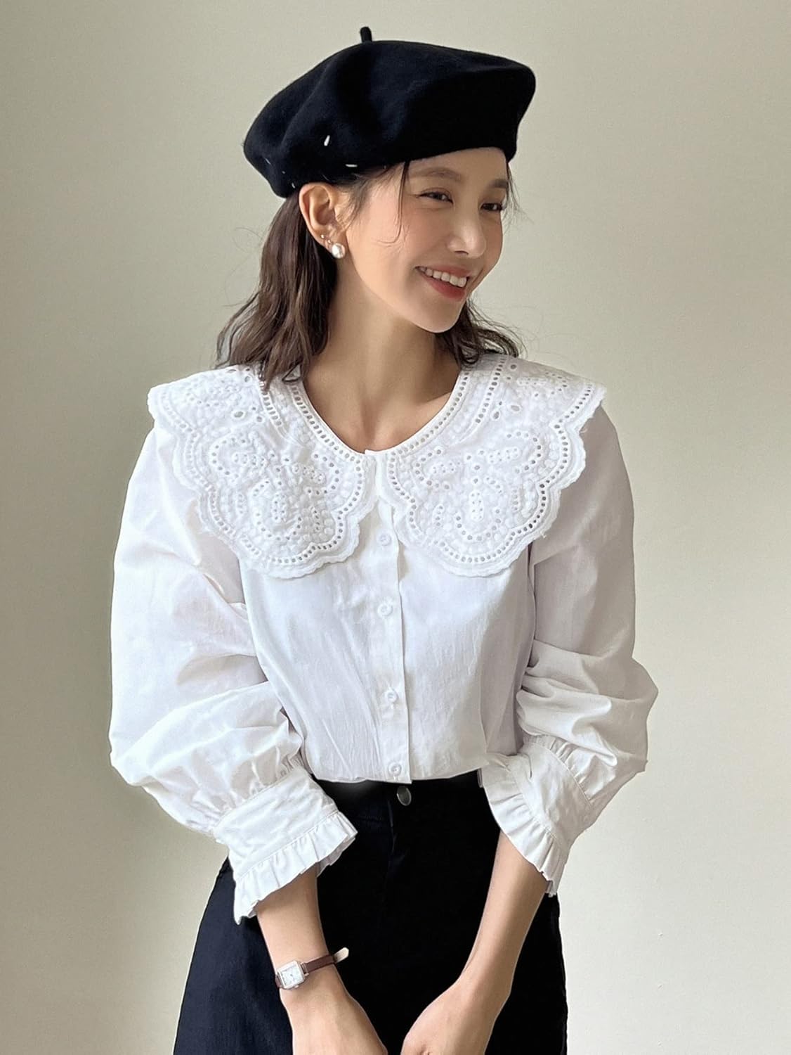 Women's Classic-Fit Shirt Embroidery Collar Flounce Sleeve Blouse,Long Sleeve