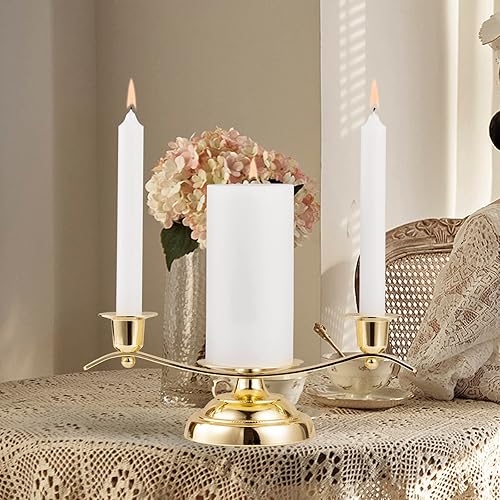 Vista 7 de Portavelas Gold Unity para bodas y regalos, portavelas ARCHOBAN con diseño de 3 velas con pasador estabilizador y clavijas de soporte laterales