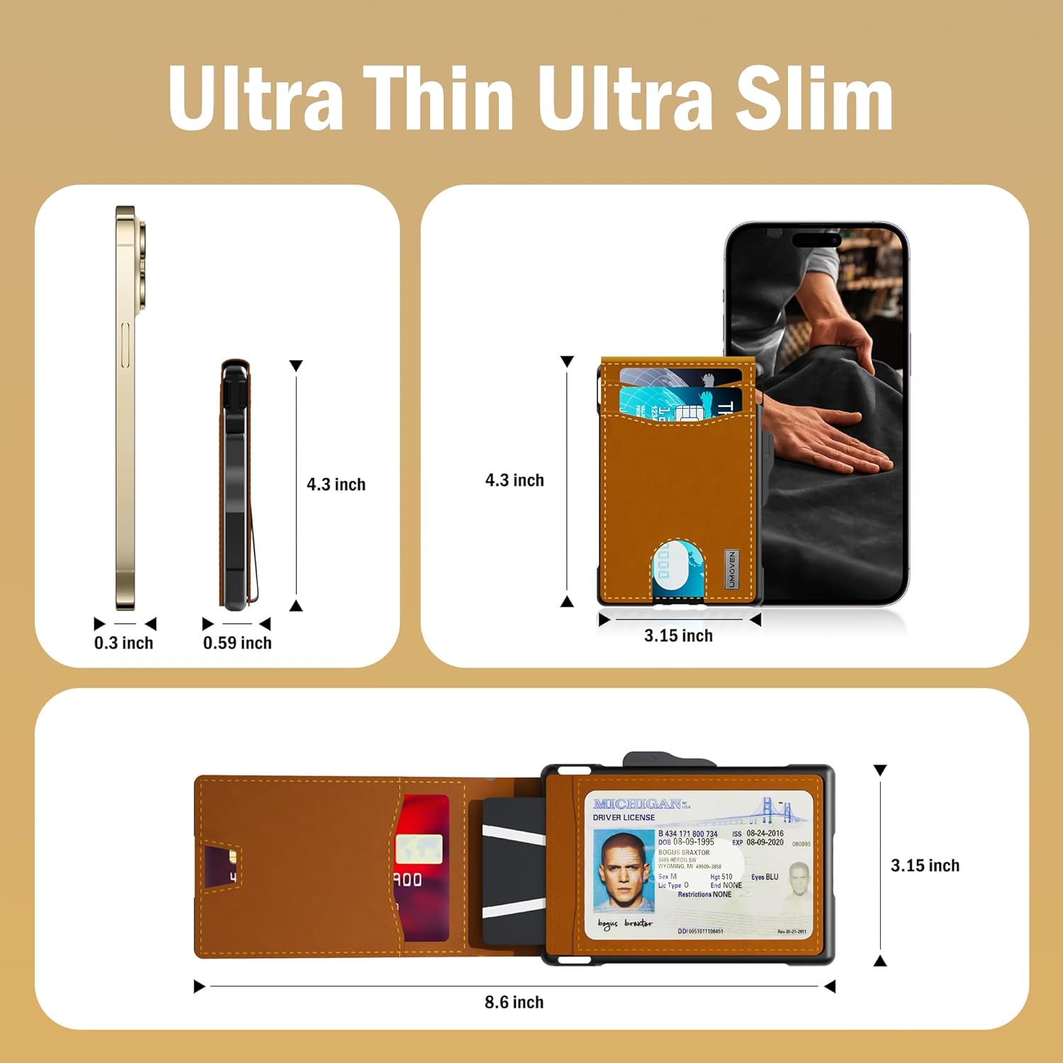 umoven Wallet for Men - Slim Leather RFID Blocking Bifold Minimalist Wallet with Metal Pop-Up Card Holder, Money Clip, Credit Card Slots - Men's Wallet, Saffron Yellow - Image 4