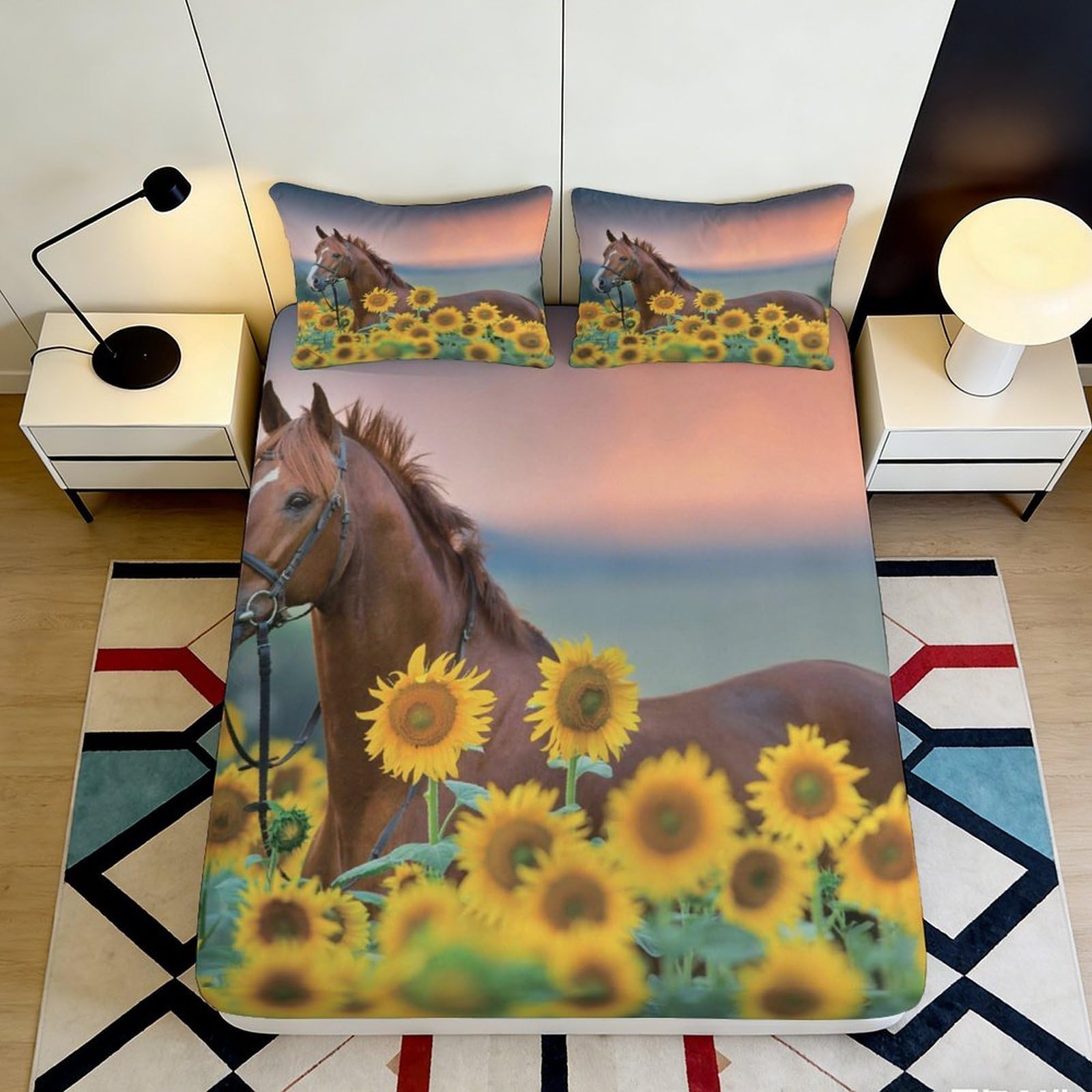 3D Printed Sunflower Horse Fitted Sheet Microfiber Deep Pocket Non-Slip Bedding Sunflower Horse Mattress Fitted Cover 120x200x25cm