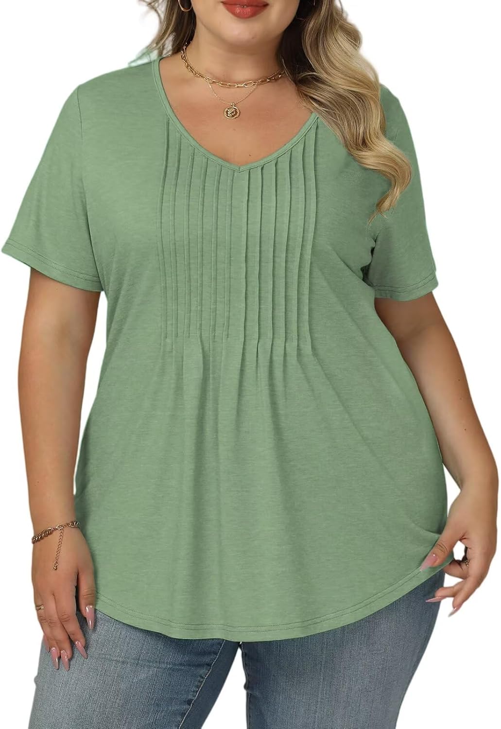 DOLNINE Plus Size Tops for Women Summer Casual V Neck T Shirts Dressy Short Sleeve Floral Blouses Loose Fit Pleated Tunic - Image 2