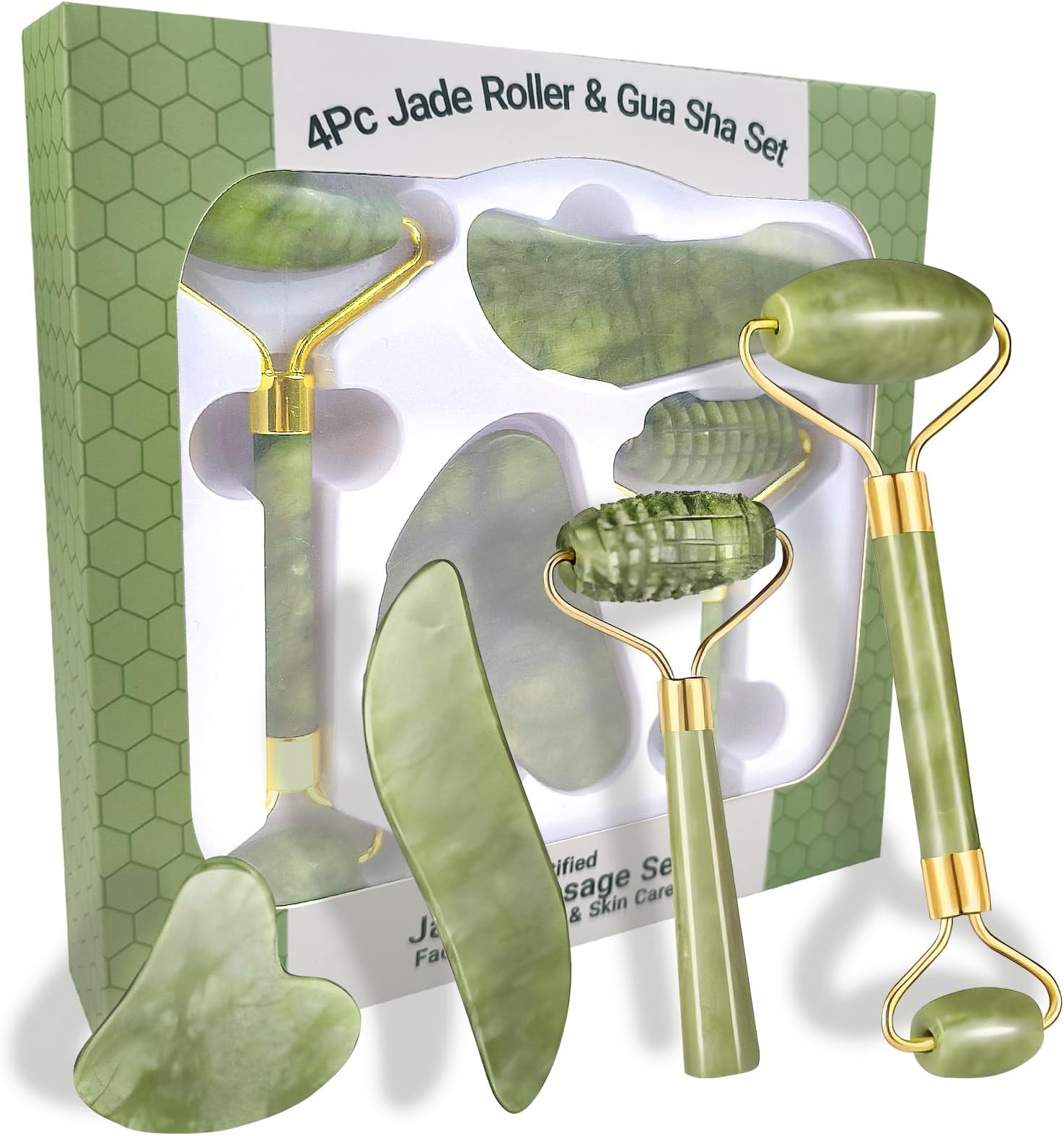4-Piece Set Jade Roller and Gua Sha Set, Face Massager for Anti-Aging, Slimming, Firming / Facial Roller Massager with Gua Sha Shaping Tools / Removes Wrinkles and Eye Puffiness / Gift Set