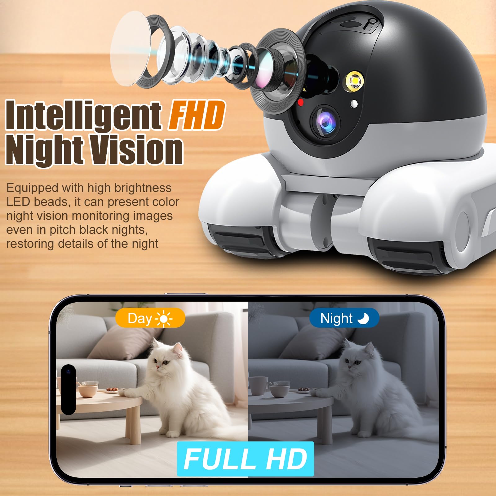 Robot Camera, 1080P Duales Cámara Robot para Mascotas con Audio 2 vías, Visión Nocturna, Reconocimiento de Movimiento, Grabación de vídeo, Control de Aplicaciones para Gatos, Perros, Bebé