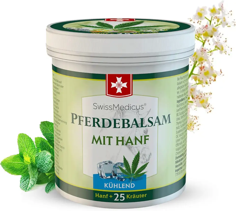 SwissMedicus Pferdebalsam mit Hanf - 500 ml - Kühlende Wirkung für Muskeln & Gelenke - mit 25 natürlichen Extrakten - Alltäglicher Gebrauch - Natürliches Gel