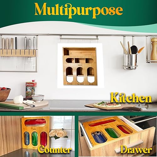 Miniatura 6 de Organizadores de bolsas de bambú para cajones de cocina, solución de almacenamiento premium para bolsas de variedad de galones, cuarto de galón,