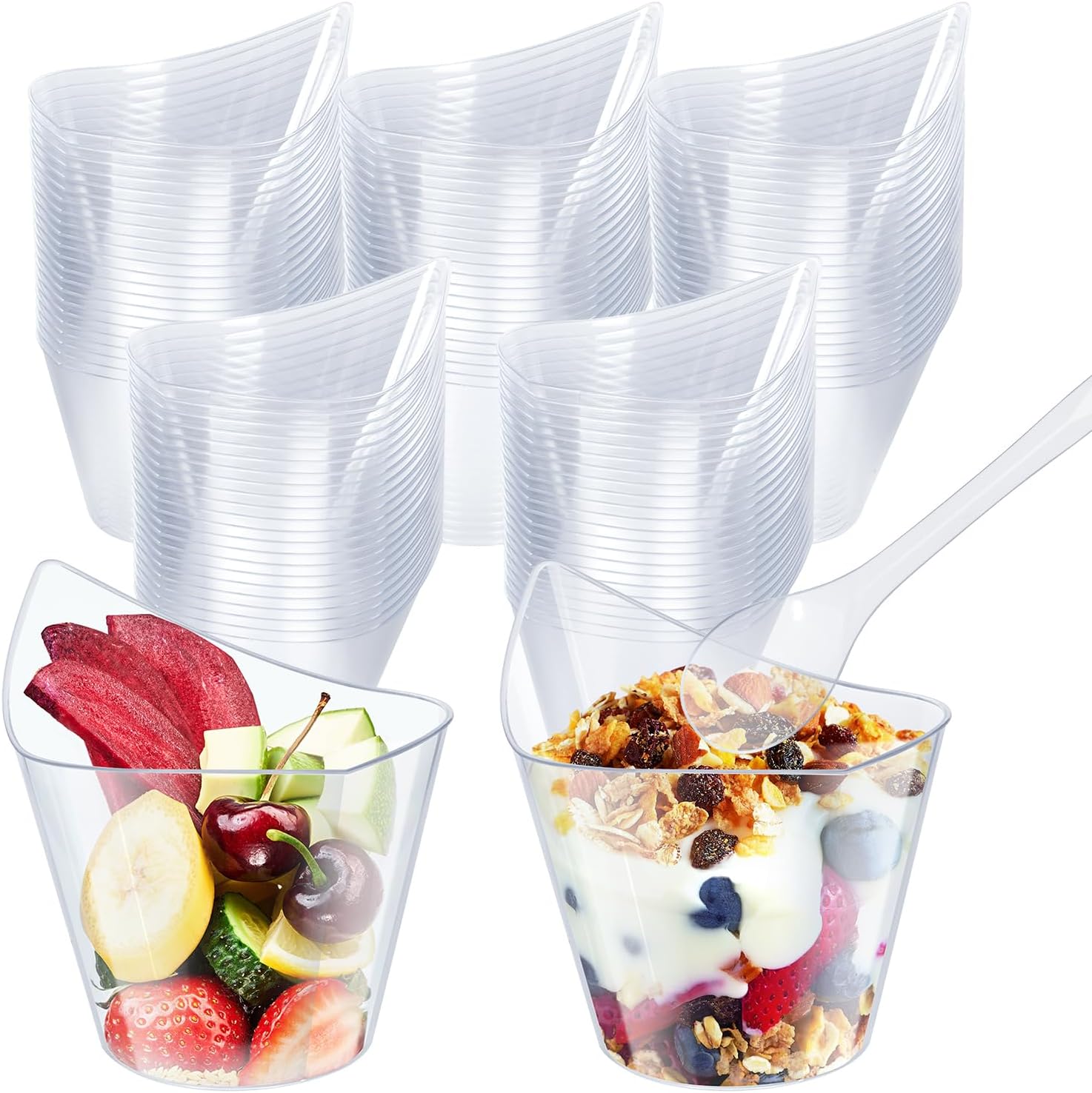 150 Pcs Clear Plastic Dessert Cups with Plastic Tasting Spoons, 7 oz charcuterie fruit yogurt cups for Party Supplies Catering Chocolate Desserts Buffet Food Display