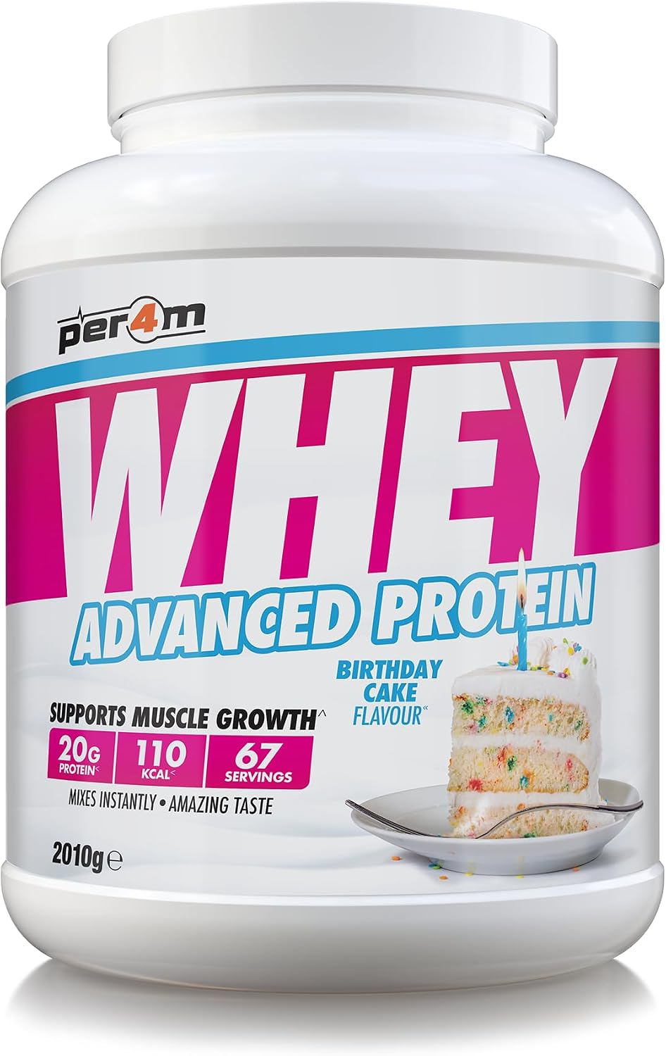 Per4m Whey Protein Powder | High Protein Shake for Muscle Growth & Recovery | Low Sugar Gym Supplement | Sports Nutrition Drink + Amino Acids (2010g, Birthday Cake)