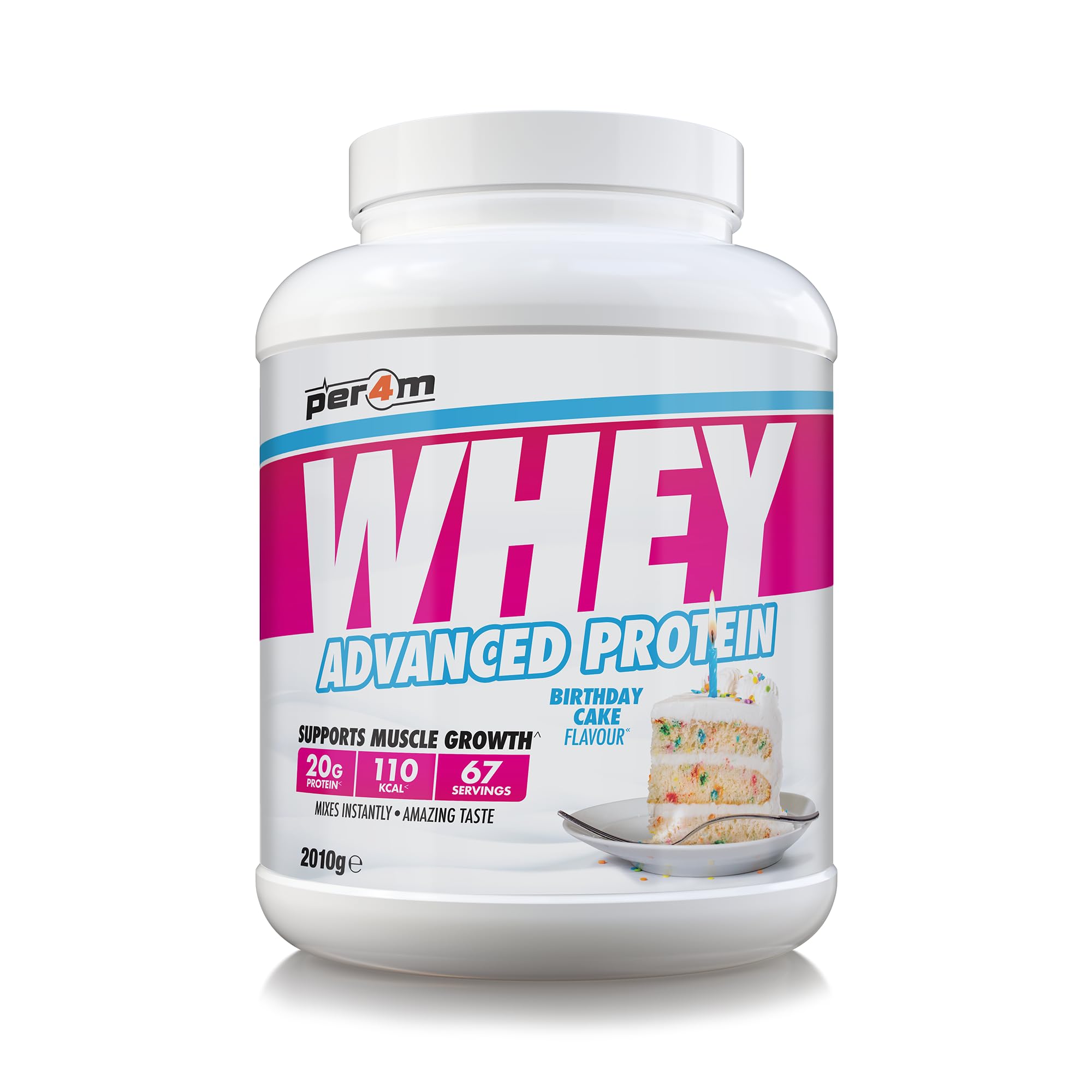 Per4m Whey Protein Concentrée, Prise de Masse et Récupération Musculaire, Acides Aminés Essentiels, Haute Protéine, Faible en Glucides, Complément Fitness Sport – Birthday Cake – 2010g