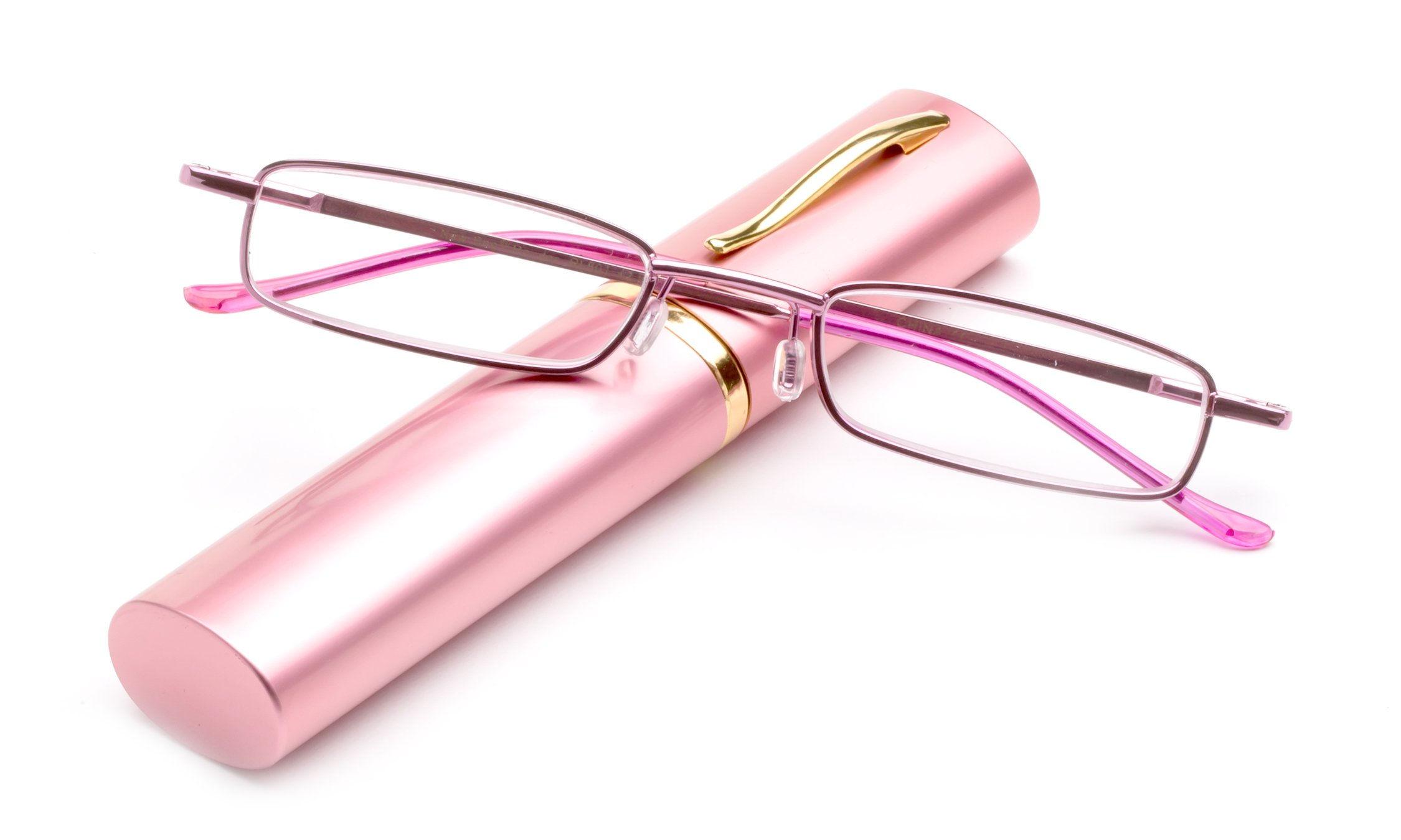 Pocket Tube Reading Glasses Ultra Slim Compact Unisex Light Weight Reading Glasses w/Portable Pocket Clip Aluminum Case Pink