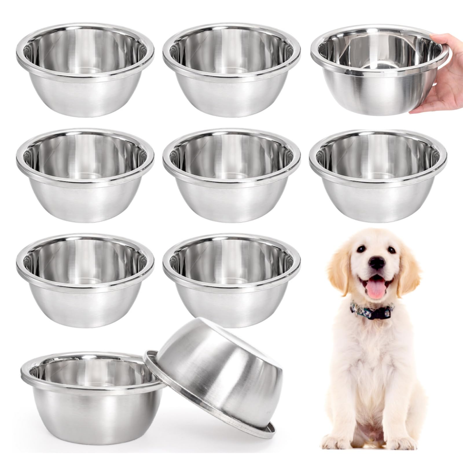 WRINGKIT Paquete de 10 cuencos de acero inoxidable para perros y gatos de 7 tazas, cuenco de metal de 8 pulgadas de diámetro, cuencos de repuesto gruesos duraderos para comida y agua, perros pequeños