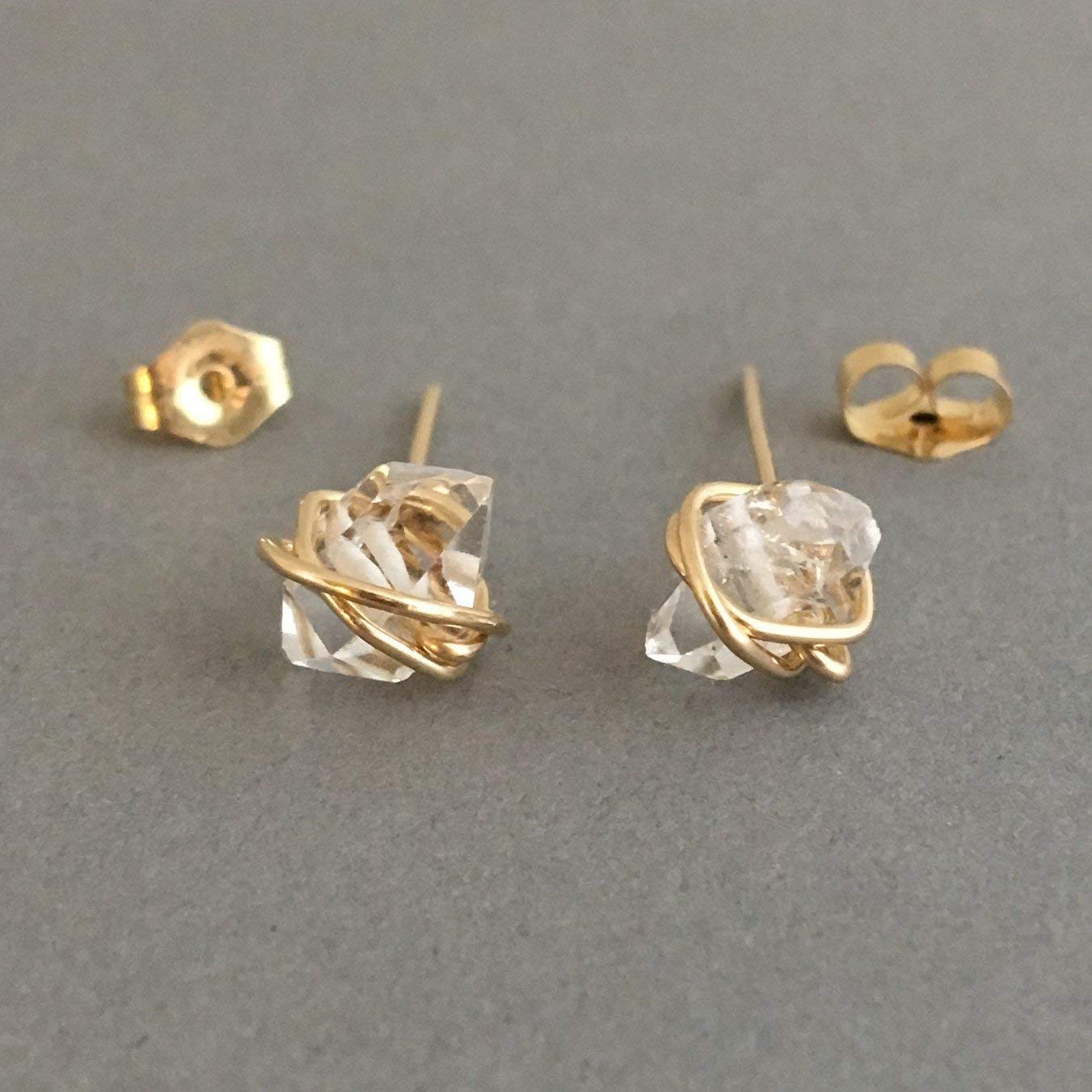 Wire-Wrapped Herkimer Diamond Post Earrings in Gold Fill, Rose Gold Fill, or Sterling Silver