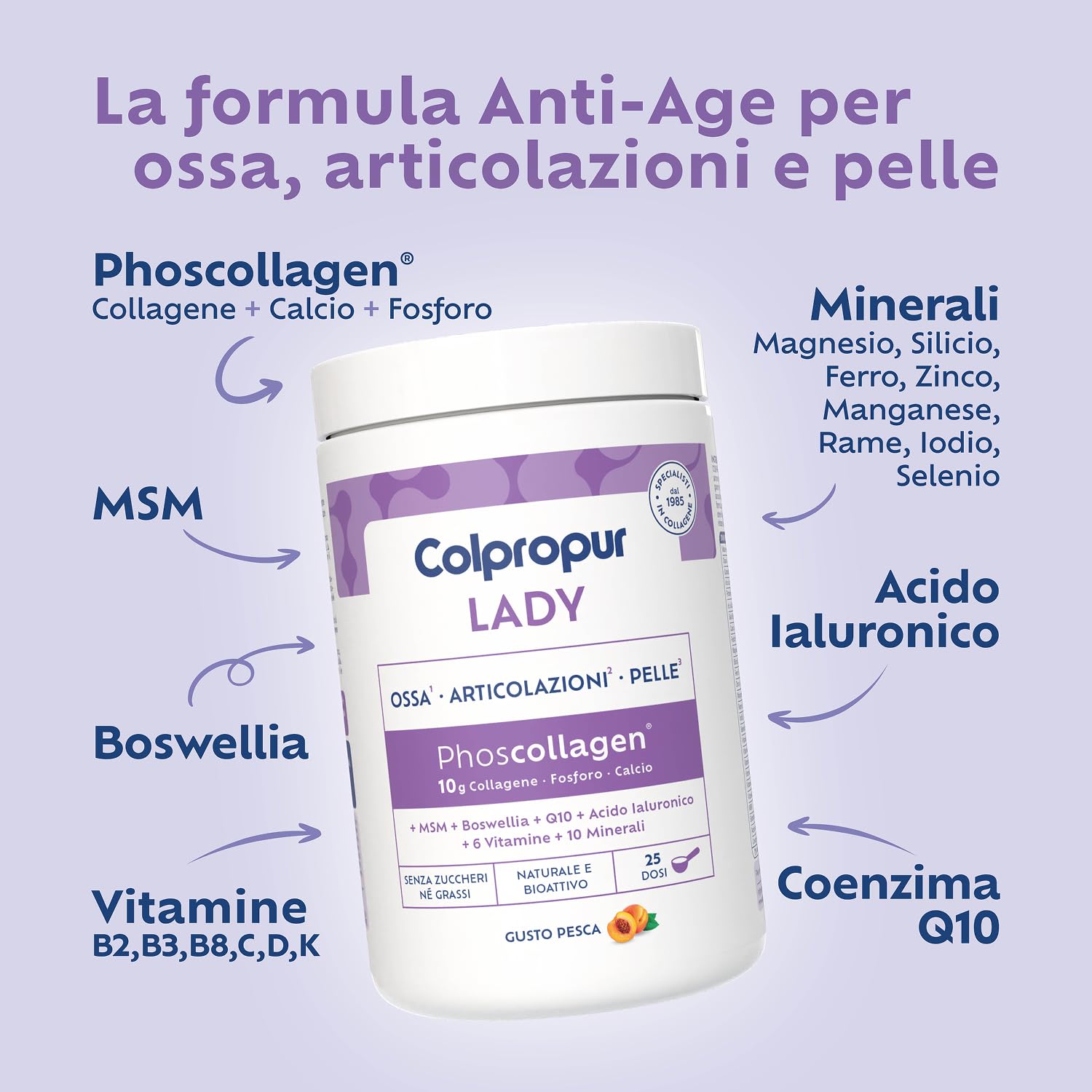 Colpropur Lady Gusto Pesca – Collagene Idrolizzato in Polvere da Bere - Peptidi di Collagene, Integratore per Ossa, Pelle e Articolazioni – 340g