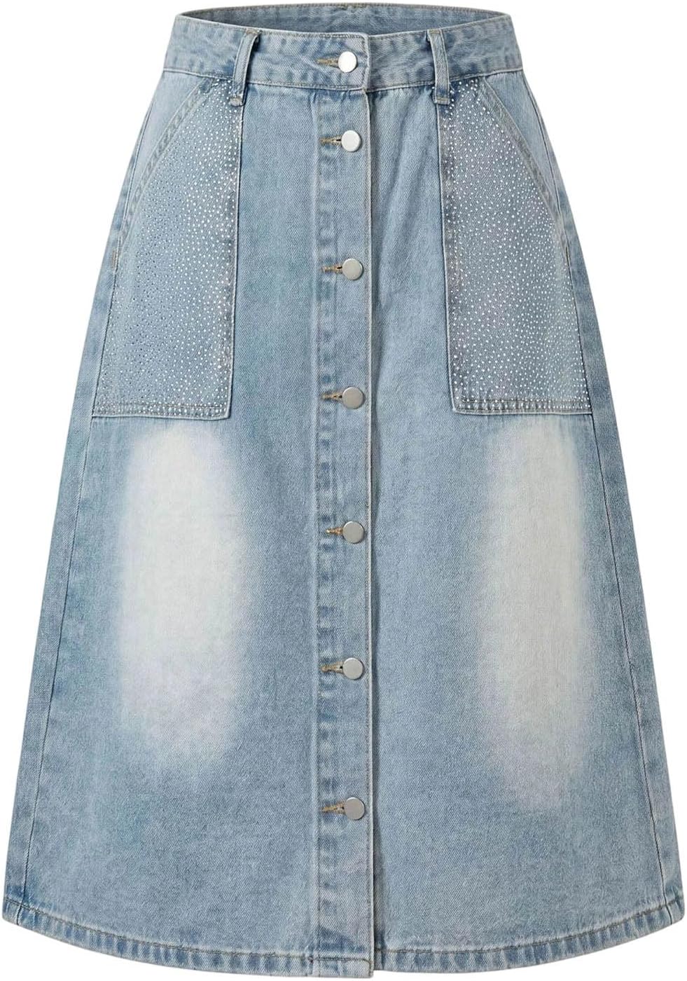 Oplxuo Women's Button Front Denim Midi Skirt Rhinestone Pocket Straight Jean Skirt