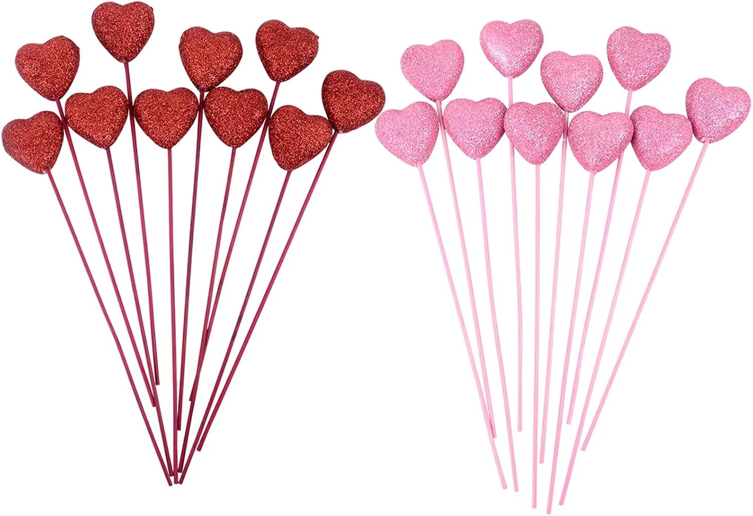 10 Pcs Glitter Foam Hearts Picks Valentine Day Sparkly Sticks Floral Arranging Supplies Wedding Birthday Home Holiday Party Vase Cake Decoration (Red)