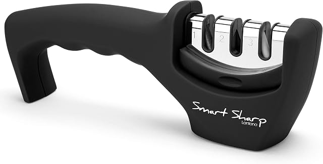 Lantana Smart Sharp Knife Sharpener - Professional 3 Stage Manual Sharpener for Sharpening Kitchen Knives - Ceramic Stone, Tungsten Carbide Plates, Diamond rods. Ergonomic Design, Black/Chrome Finish