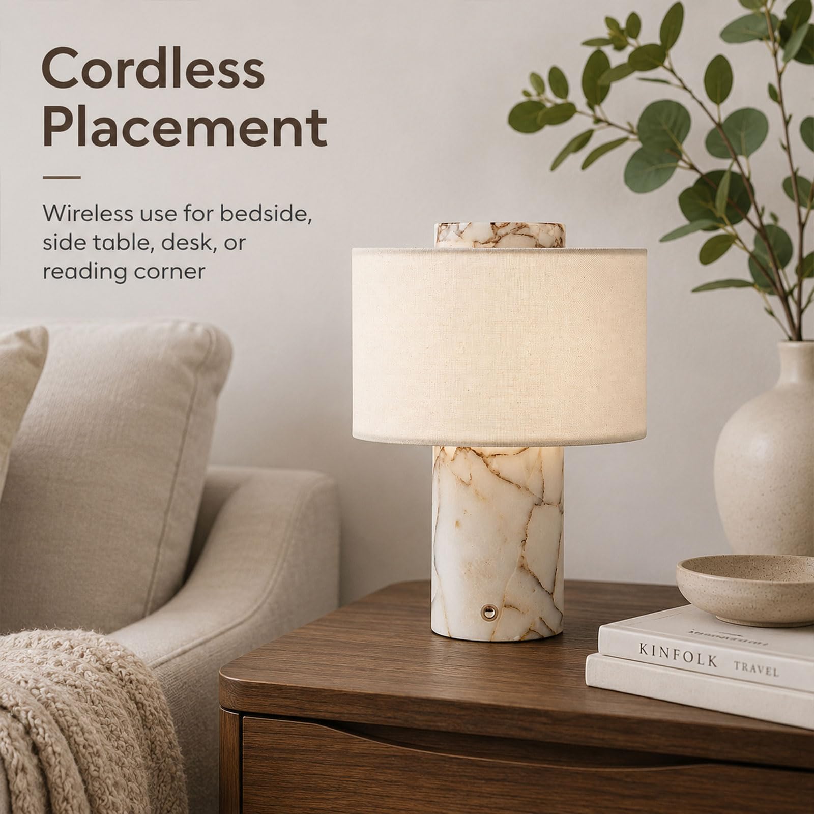 Lampe De Table En Marbre Rechargeable Sans Fil 5200 MAh, En Pierre À LED, Chevet À Intensité Réglable Par Effleurement, 3 Températures, Veilleuse Beige Lin Pour Chambre, Salon Ou Bureau