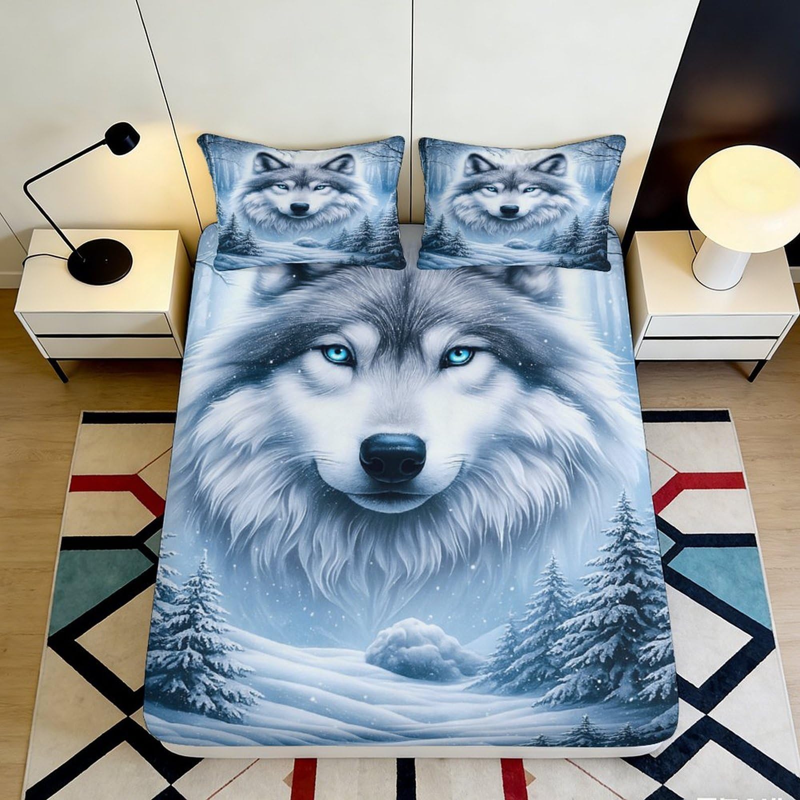 3D Printed Wolf Snow Forest Fitted Sheet Microfiber Soft Mattress Cover for Bedroom Guest Room Home Decor 180x200x25cm