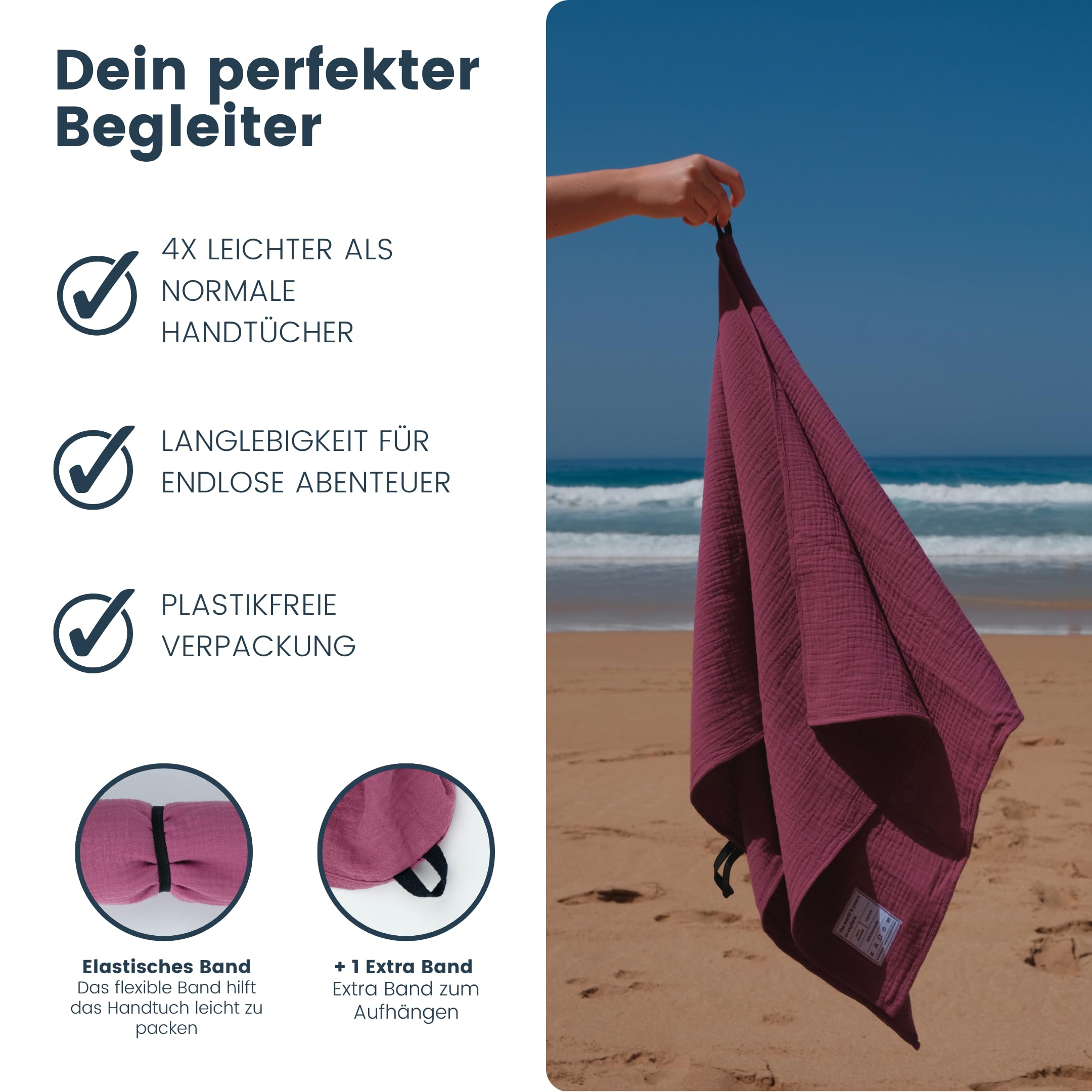 Reisehandtuch - 100% Baumwolle - Oeko-TEX® - Schnelltrocknend - Leichtes Musselin Handtuch - Hergestellt in der EU - ideal für Strand, Sport, Fitness, Sauna, Camping