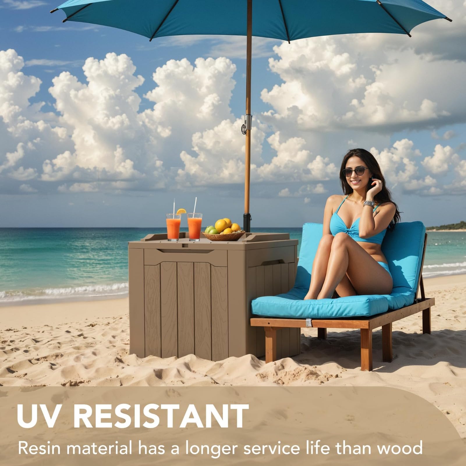 DUY Scatola portaoggetti da esterno con coperchio, in plastica, resistente alle intemperie, con venature del legno, organizer per patio, giardino, balcone (marrone chiaro, 56 x 41 x 54 cm)